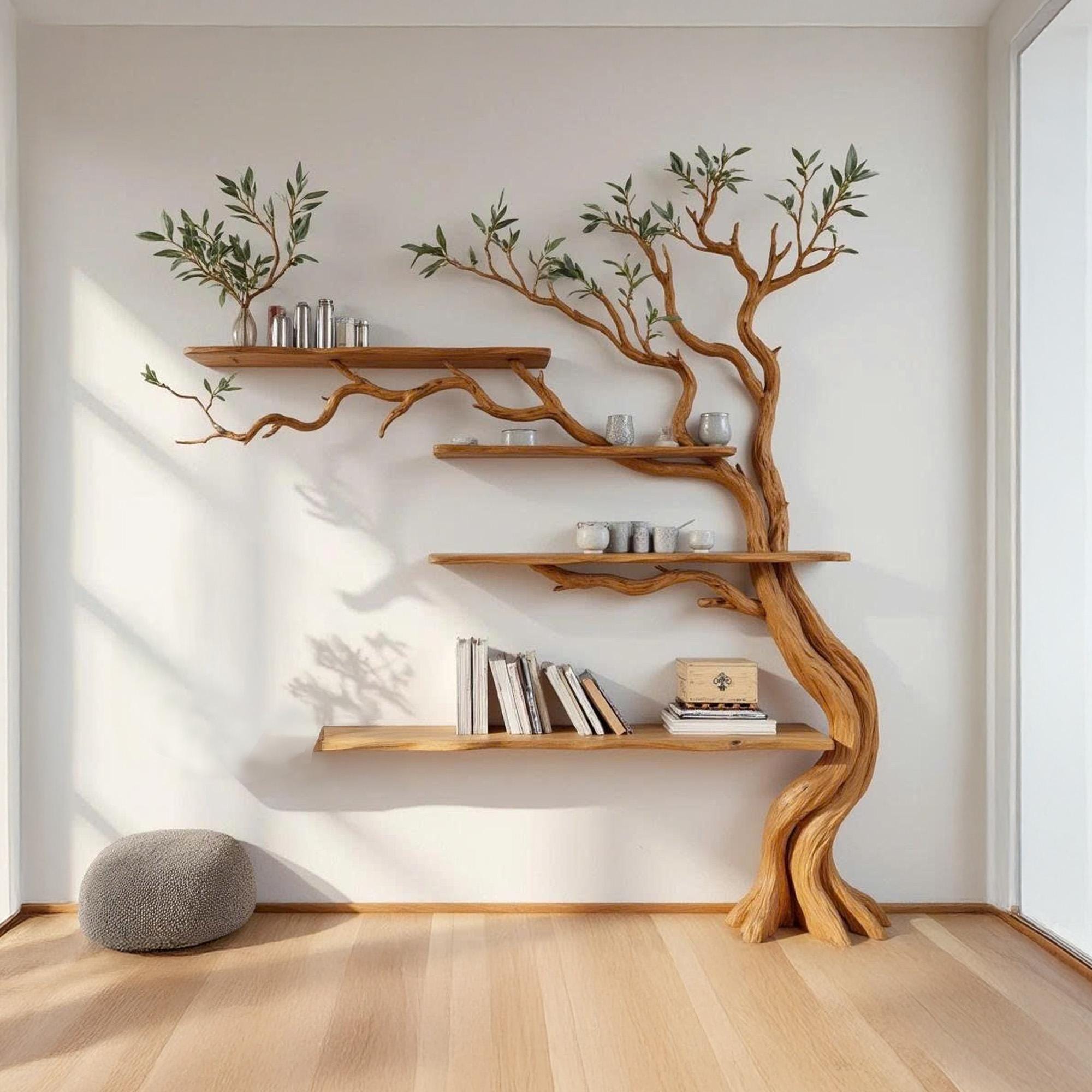 Tree branch shelf wall mounted floating bookshelf solid wood driftwood sculpture nature inspired wall art