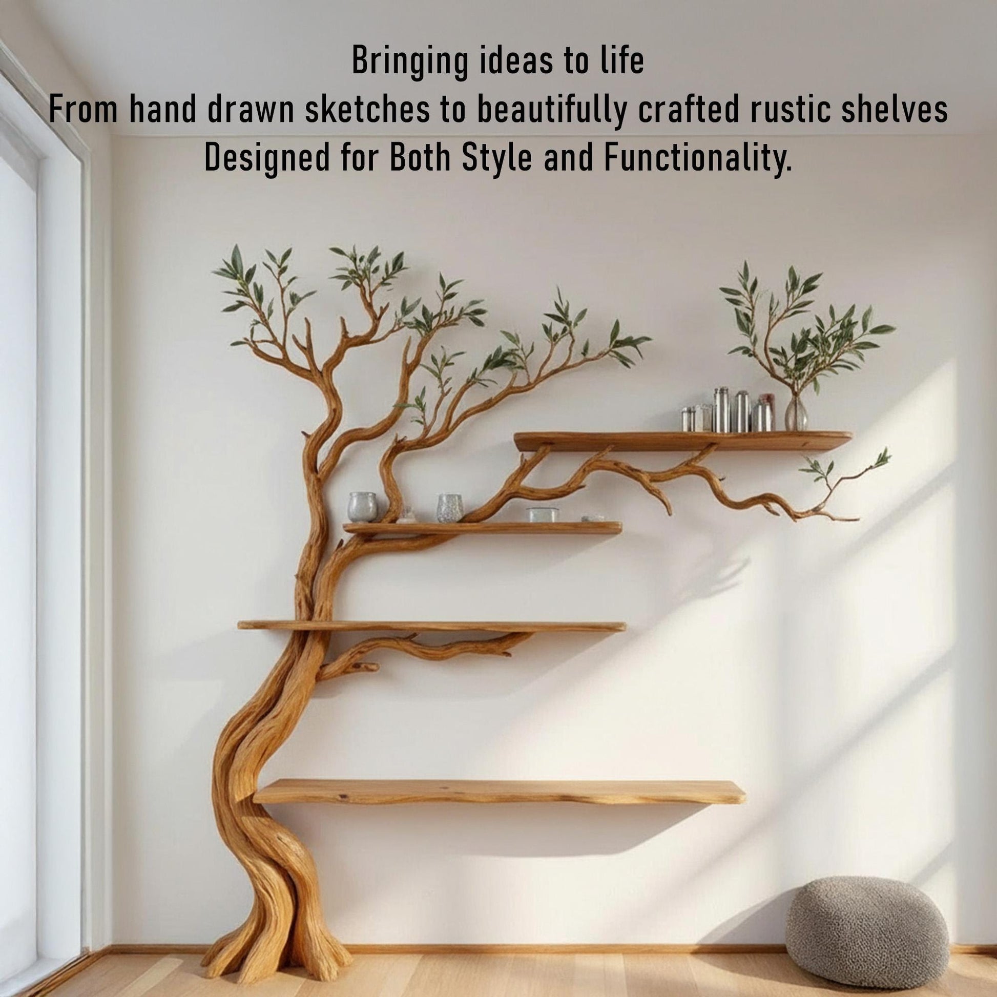 Tree branch shelf wall mounted floating bookshelf solid wood driftwood sculpture nature inspired wall art