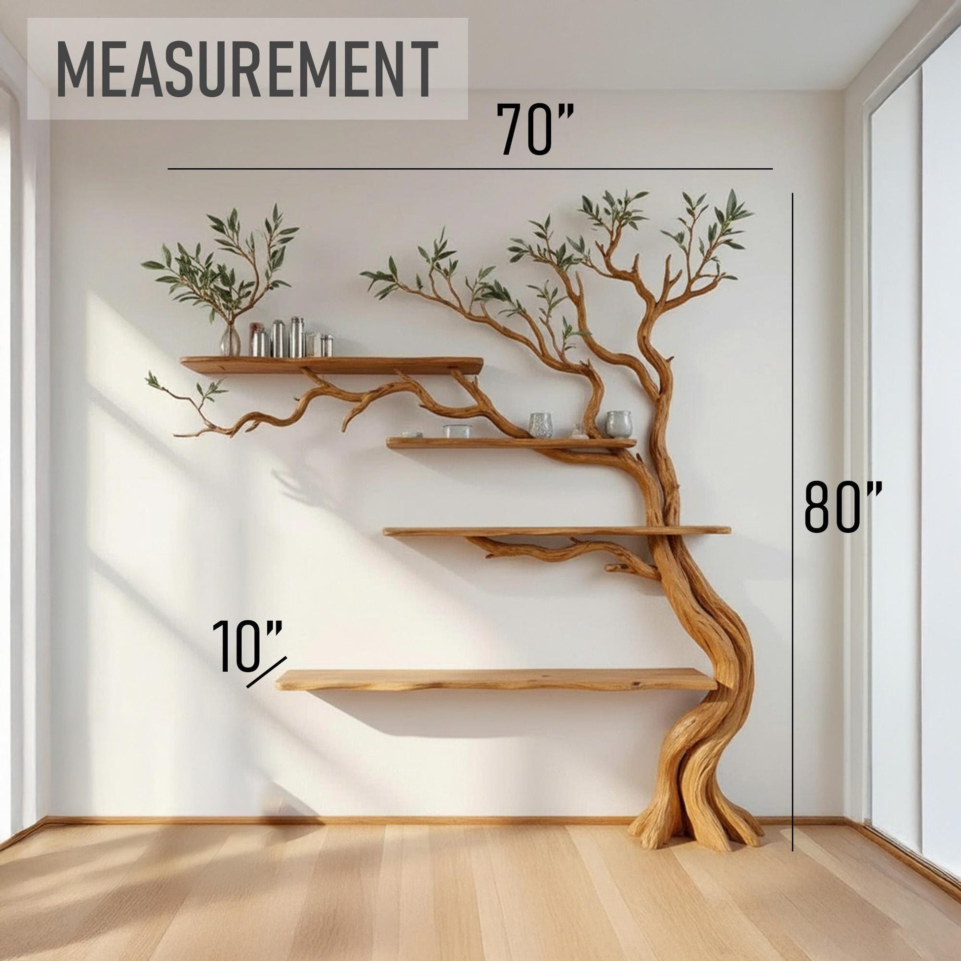 Tree branch shelf wall mounted floating bookshelf solid wood driftwood sculpture nature inspired wall art
