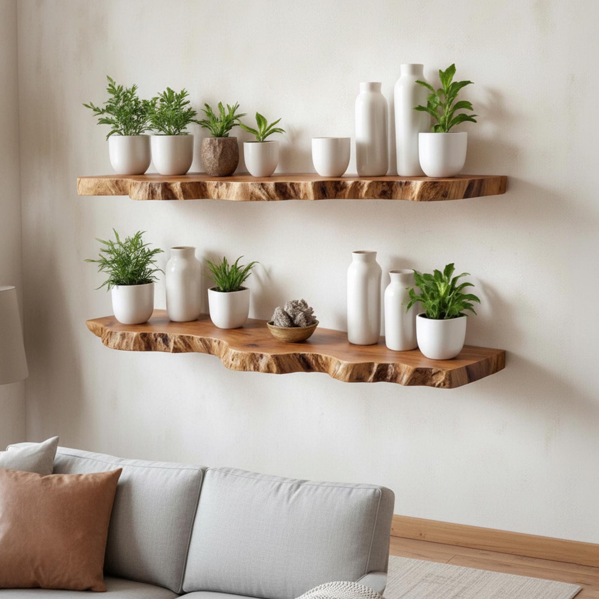 Live edge floating shelf wall mounted bookshelf solid wood display shelves art decor for living room