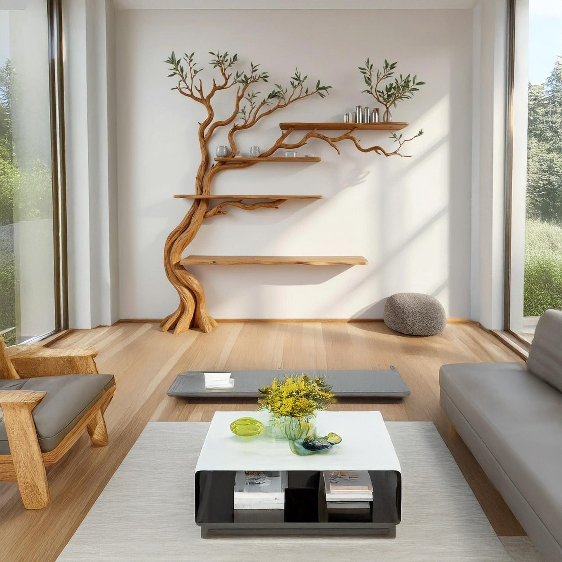 Tree branch shelf wall mounted floating bookshelf solid wood driftwood sculpture nature inspired wall art