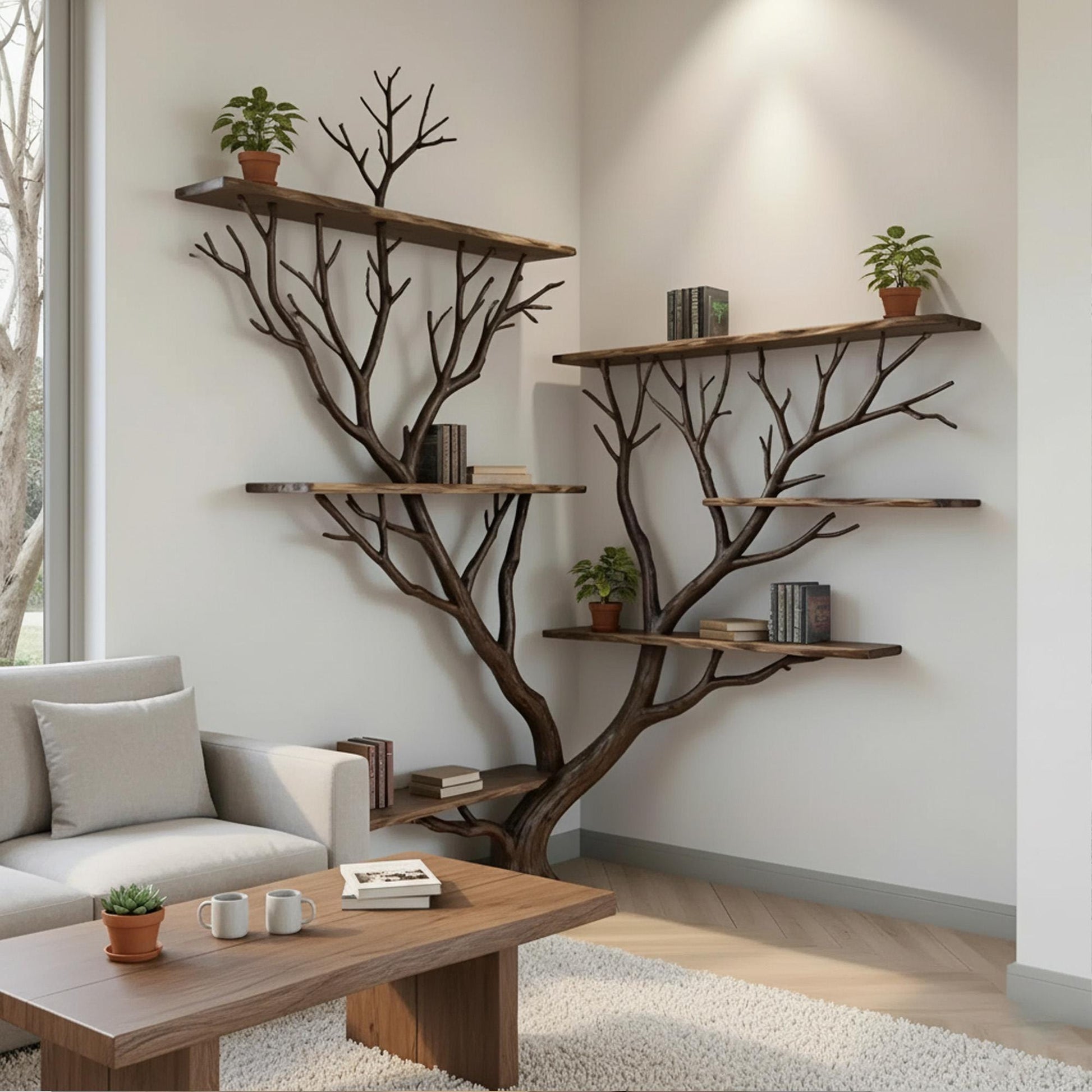 Tree branch corner floating bookshelf solid wood bookcase wall mount driftwood art decor