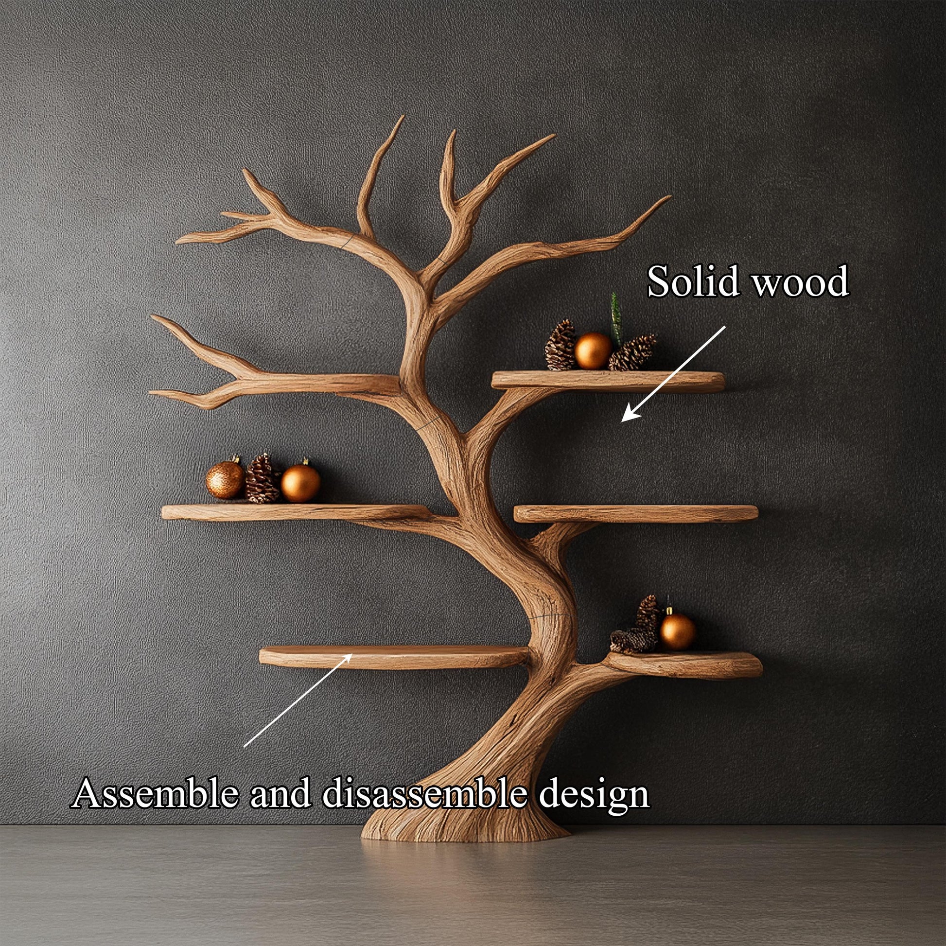 Tree Bookshelf Wood Bookcase Wall Bookshelf Handmade Furniture for Cozy Christmas Home Decor