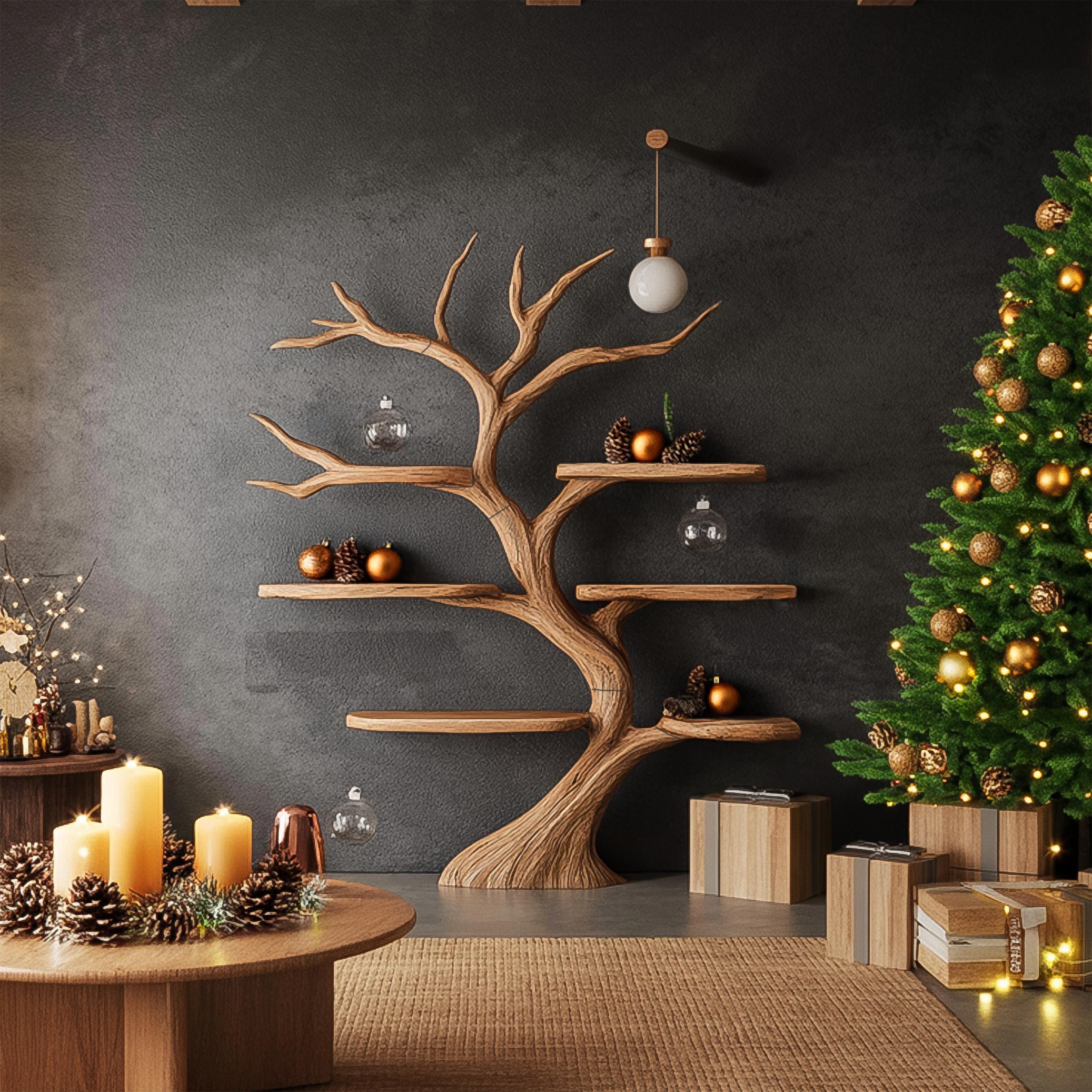 Tree Bookshelf Wood Bookcase Wall Bookshelf Handmade Furniture for Cozy Christmas Home Decor