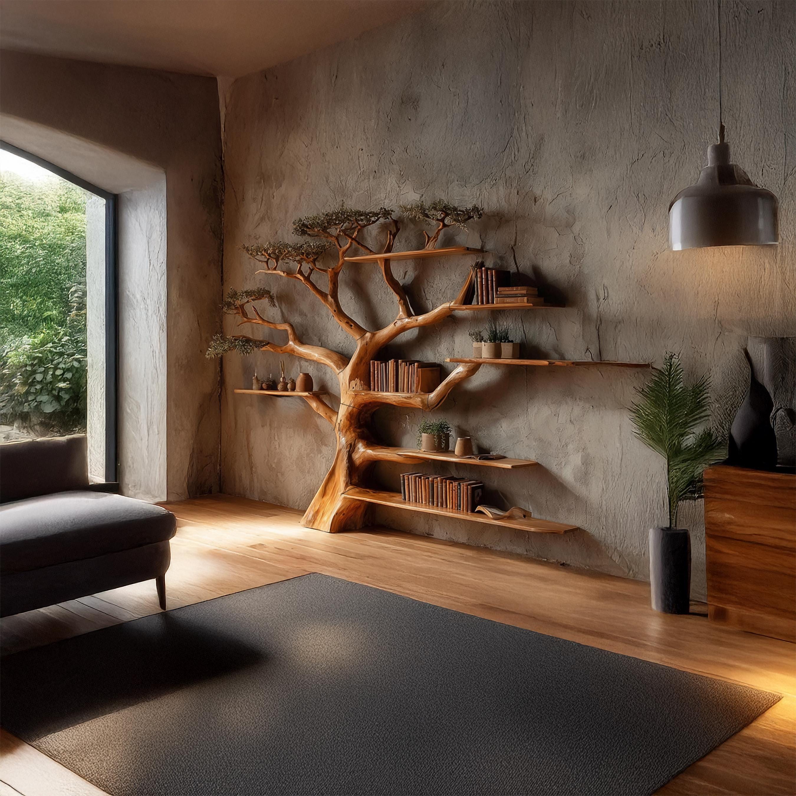 Tree Bookshelf Rustic Wooden Book Tree Shelf Unique Wall-Mounted Bookcase Natural Wood Furniture, Home Office Decor Gift