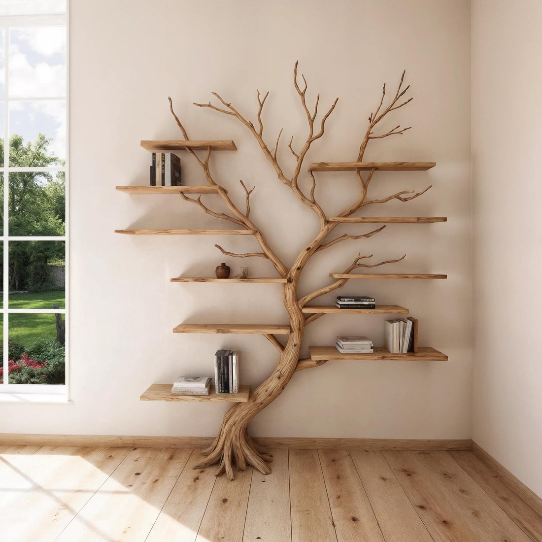 Tree branch bookshelf art wall mount driftwood shelf solid wood bookcase for home