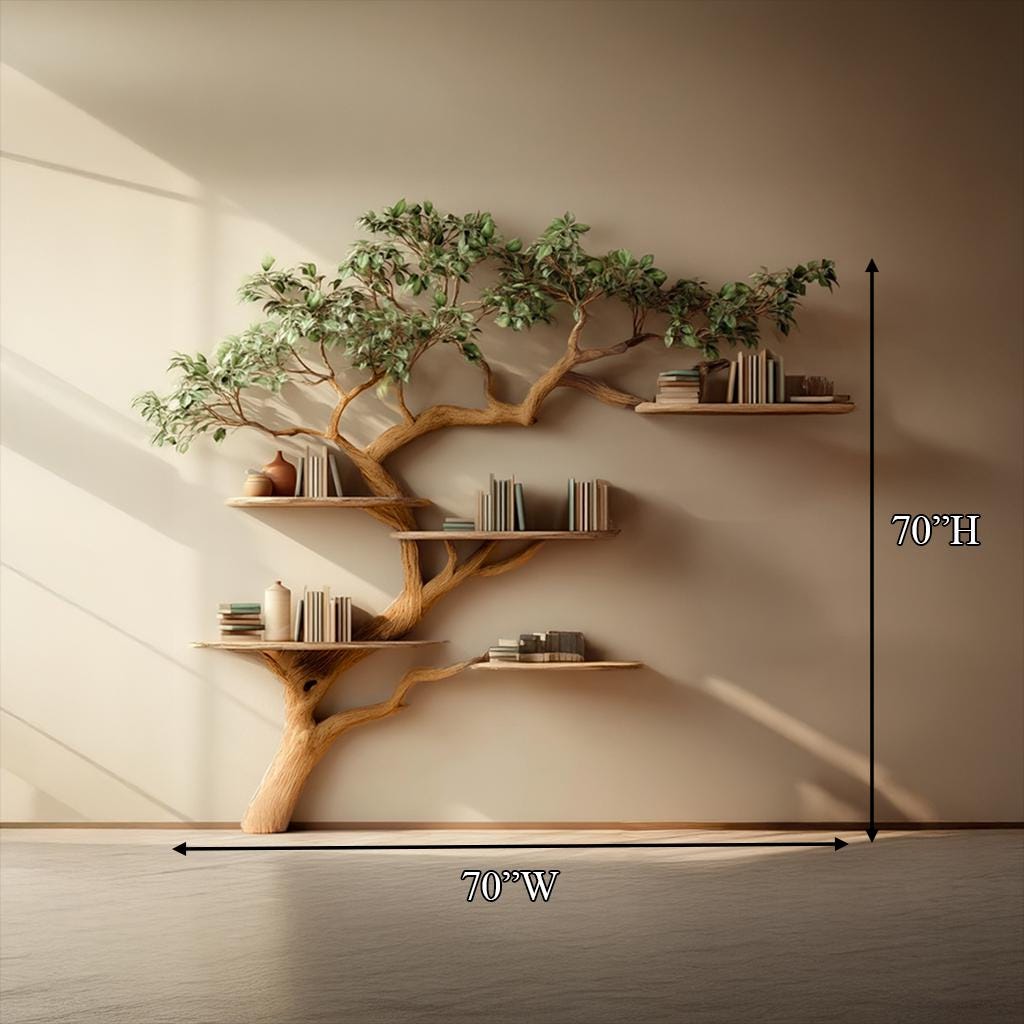 Rustic Tree Bookshelf: Solid Wood, Unique Wall-Mounted Bookcase
