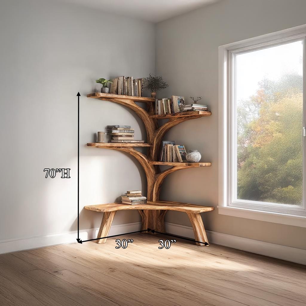 Handmade Rustic Tree Bookshelf – Natural Wood Wall Shelf with Bench