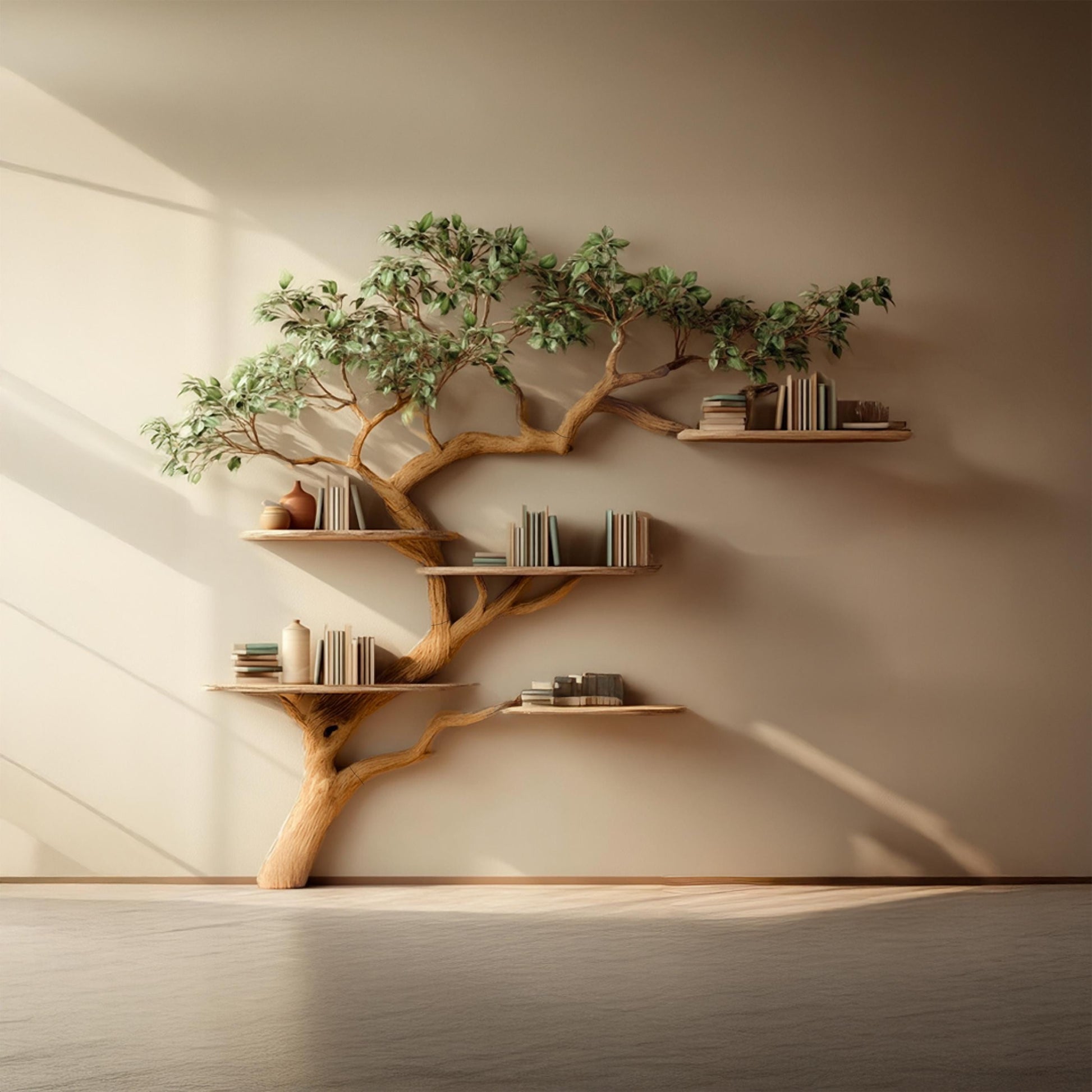 Rustic Tree Bookshelf: Solid Wood, Unique Wall-Mounted Bookcase