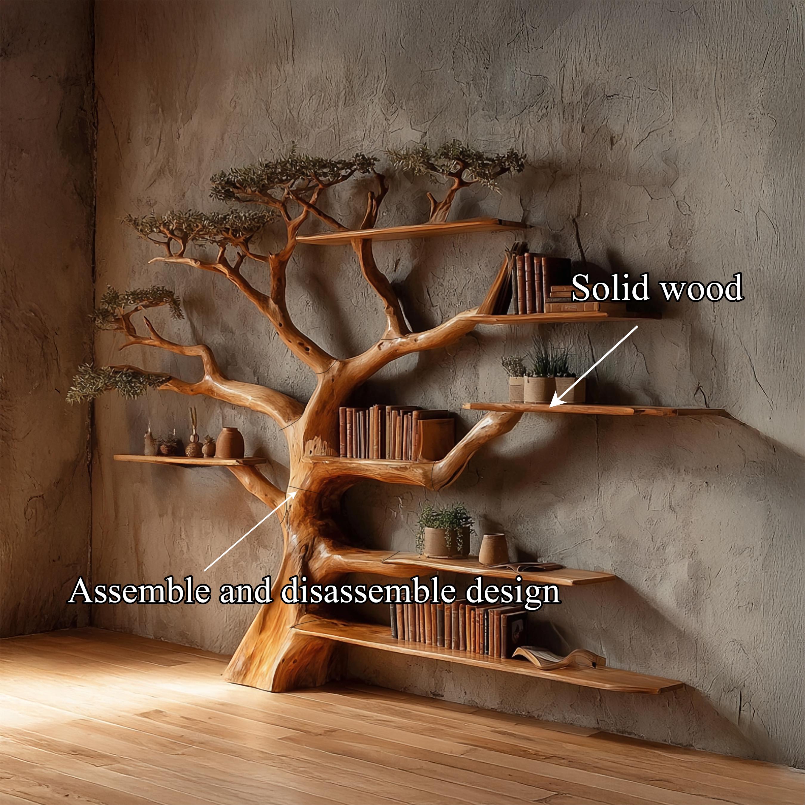 Tree Bookshelf Rustic Wooden Book Tree Shelf Unique Wall-Mounted Bookcase Natural Wood Furniture, Home Office Decor Gift