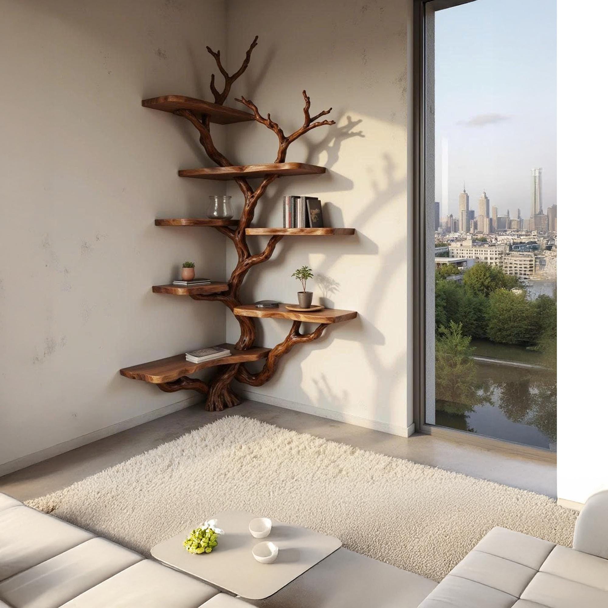 Tree corner bookshelf driftwood branch shelf solid wood bookcase on wall art home decor