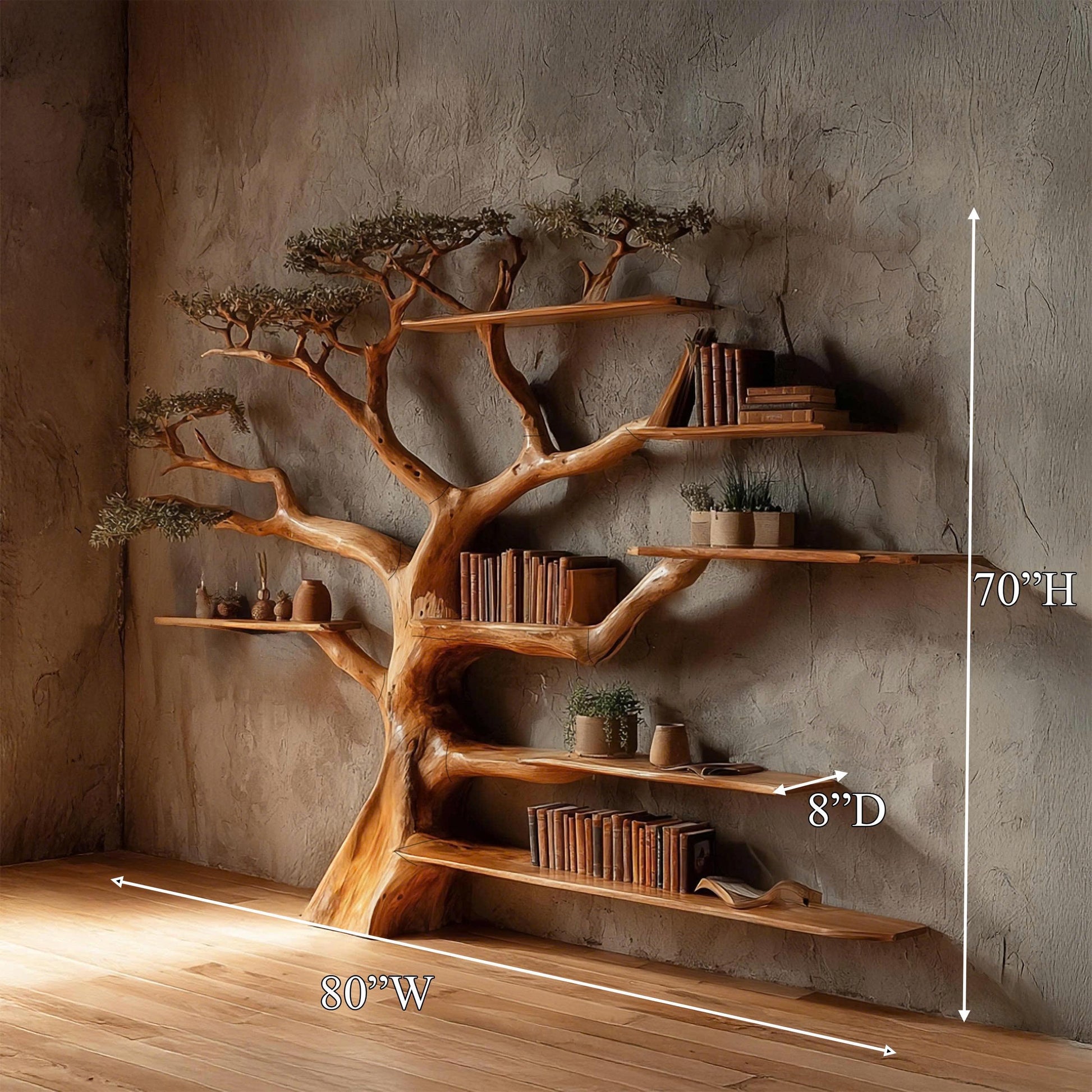 Tree Bookshelf Rustic Wooden Book Tree Shelf Unique Wall-Mounted Bookcase Natural Wood Furniture, Home Office Decor Gift