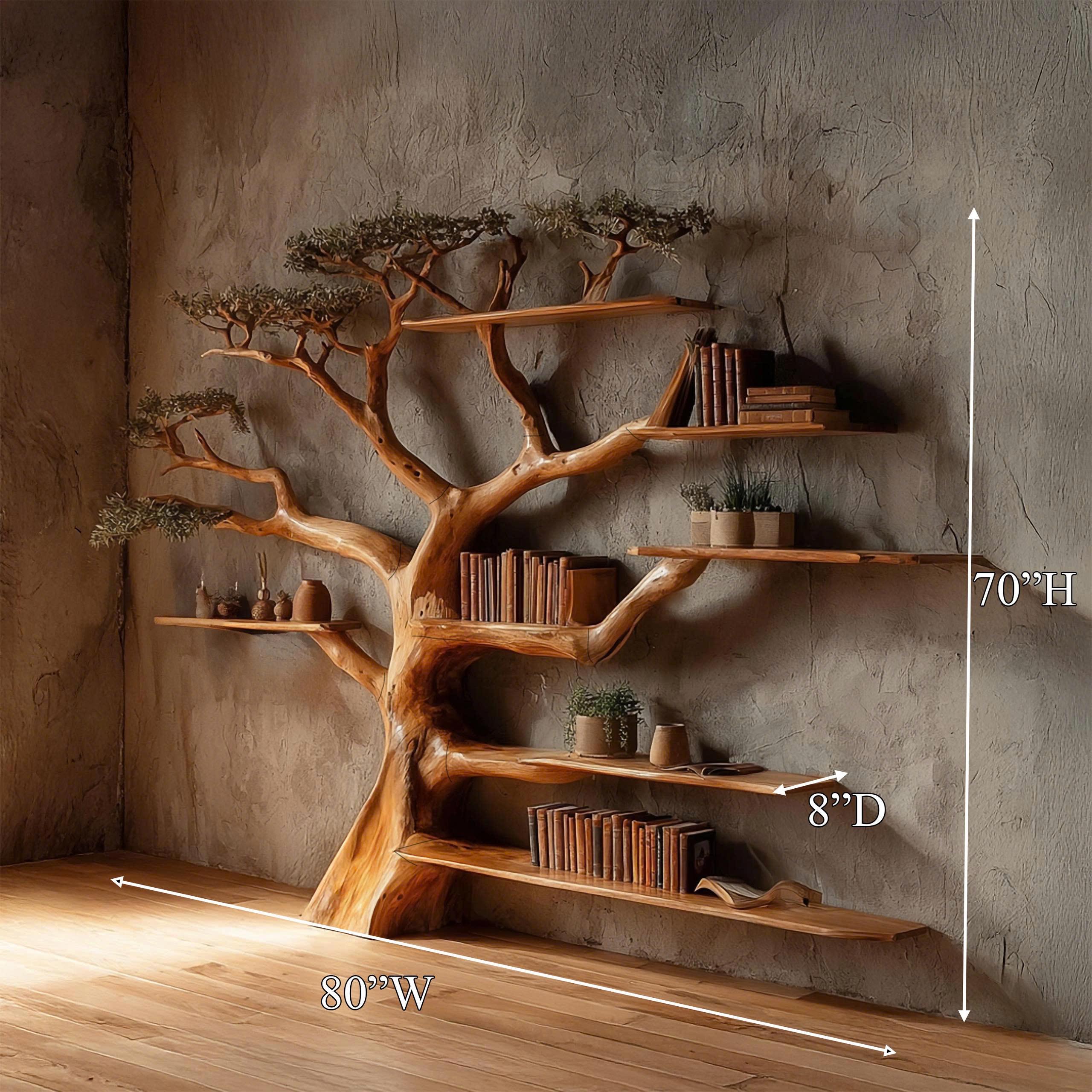 Tree Bookshelf Rustic Wooden Book Tree Shelf Unique Wall-Mounted Bookcase Natural Wood Furniture, Home Office Decor Gift