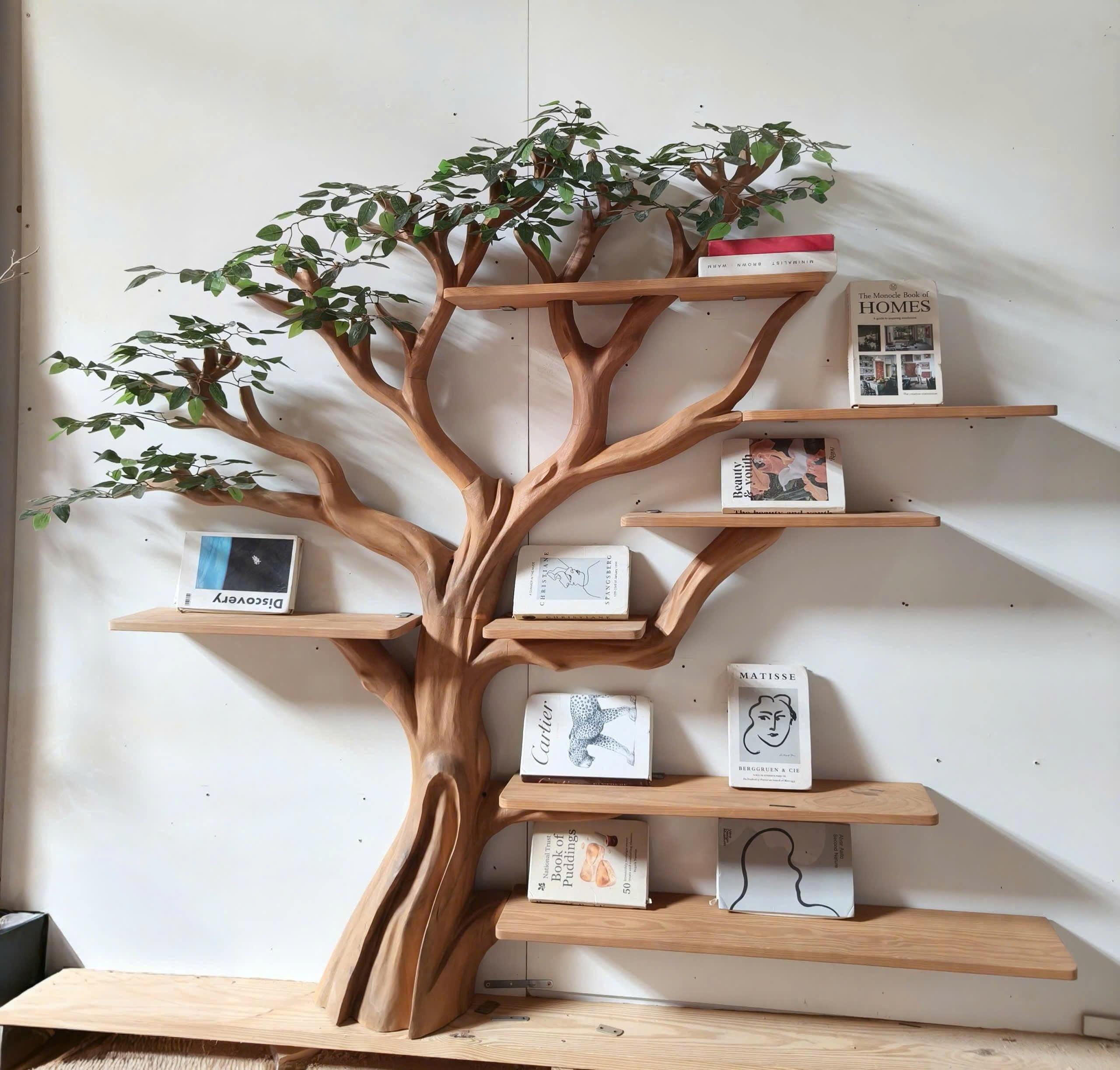 Tree Bookshelf Rustic Wooden Book Tree Shelf Unique Wall-Mounted Bookcase Natural Wood Furniture, Home Office Decor Gift