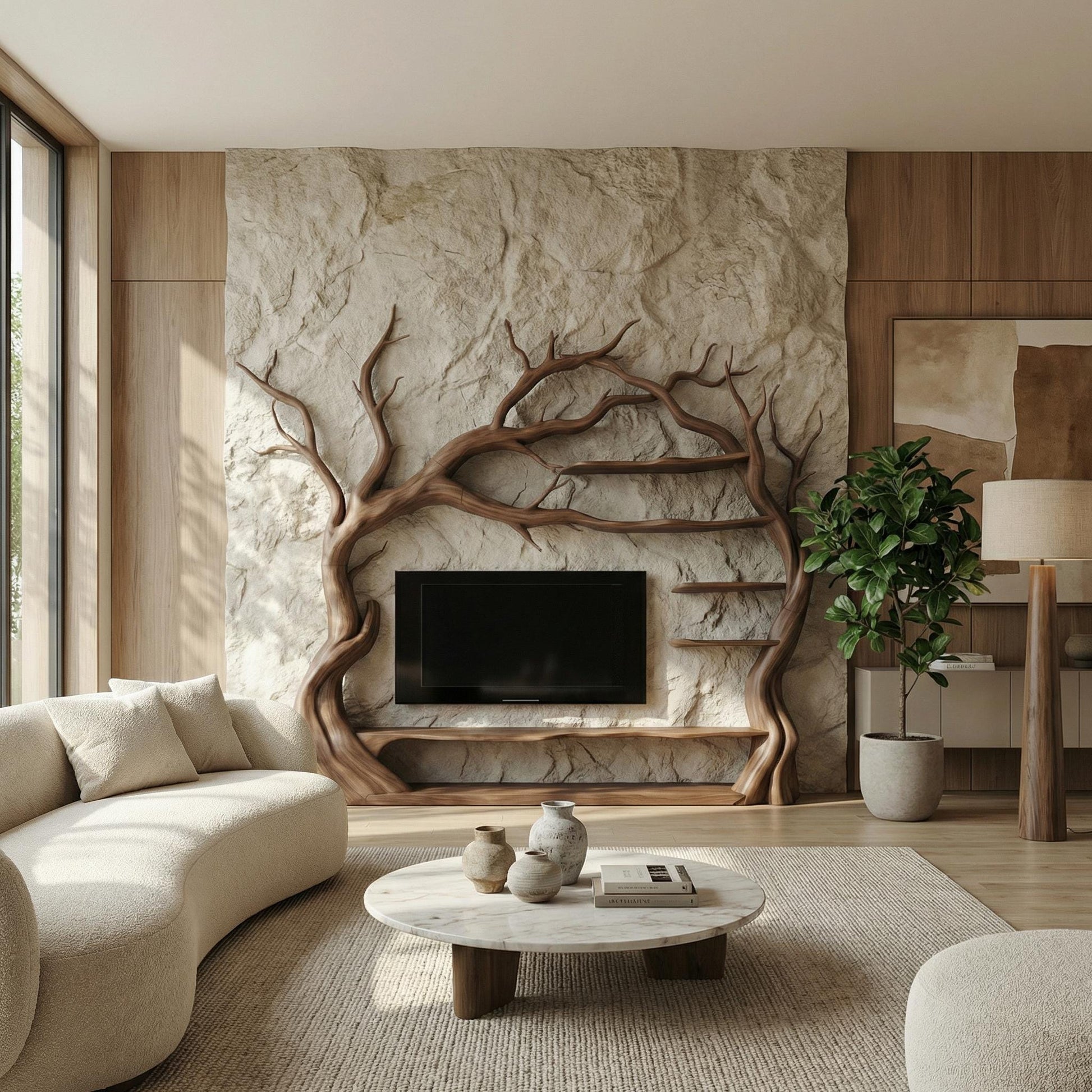 Modern Tv Cabinet Tree Bookshelf Wooden Tv Unit Wood Furniture Organic Modern Decor