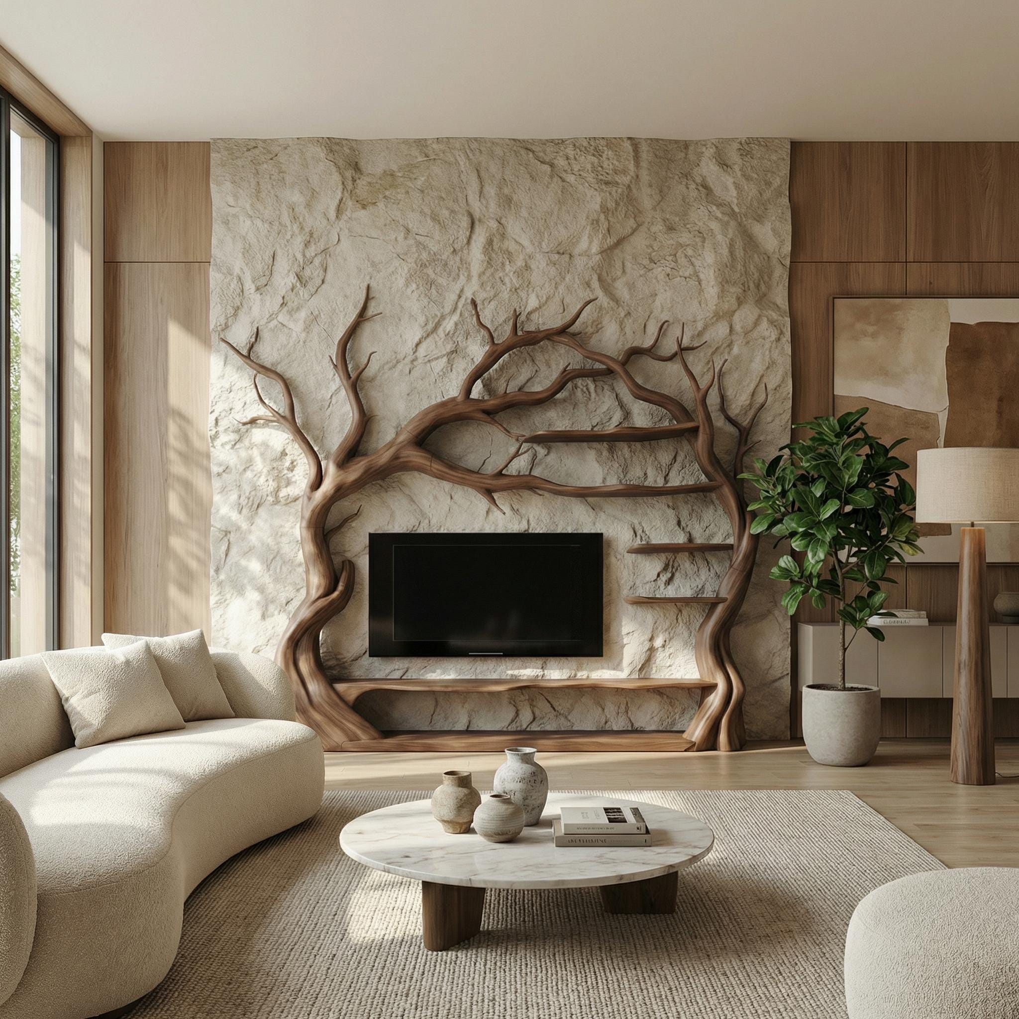 Modern Tv Cabinet Tree Bookshelf Wooden Tv Unit Wood Furniture Organic Modern Decor