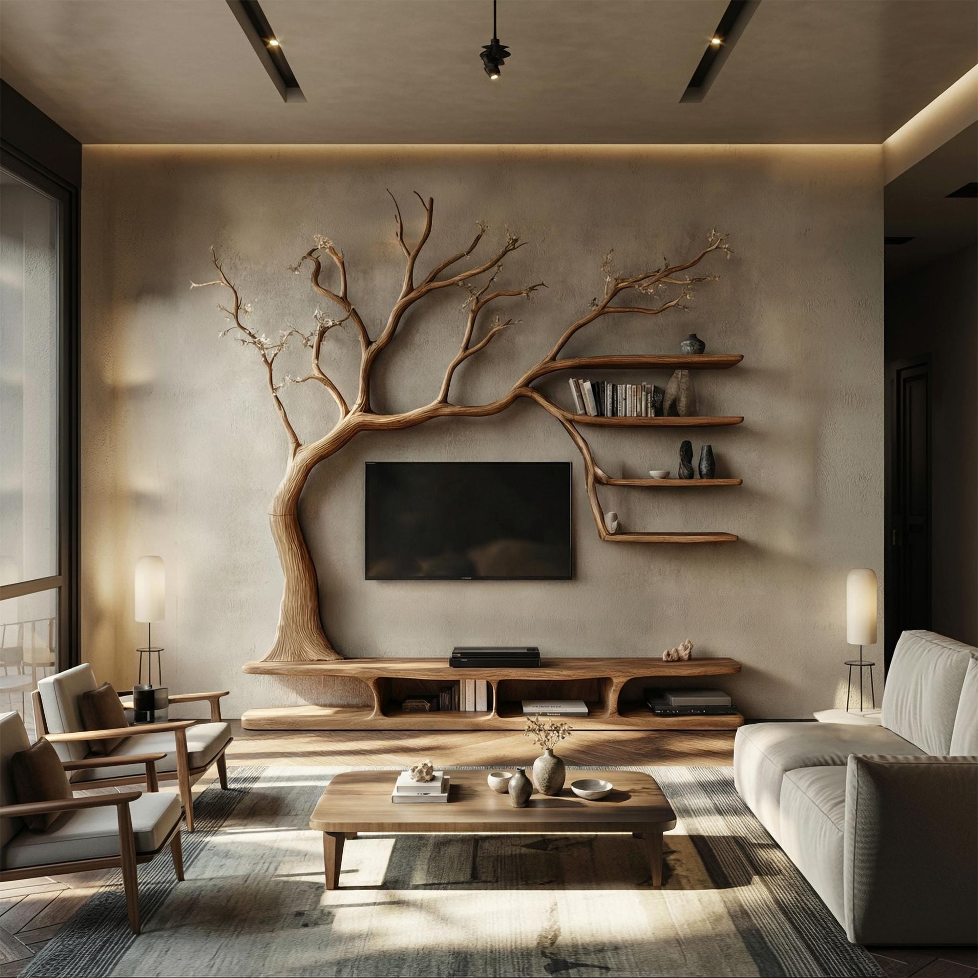 Tree Bookcase Wood Tv Unit Media Console Handmade Furniture Living Room Decor