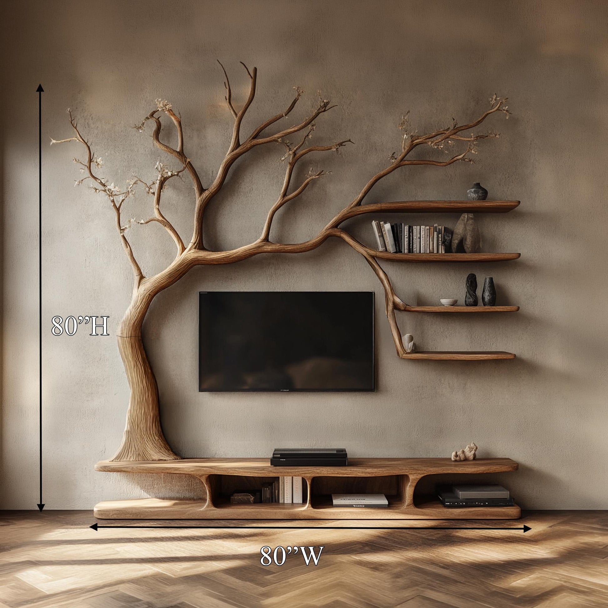 Tree Bookcase Wood Tv Unit Media Console Handmade Furniture Living Room Decor