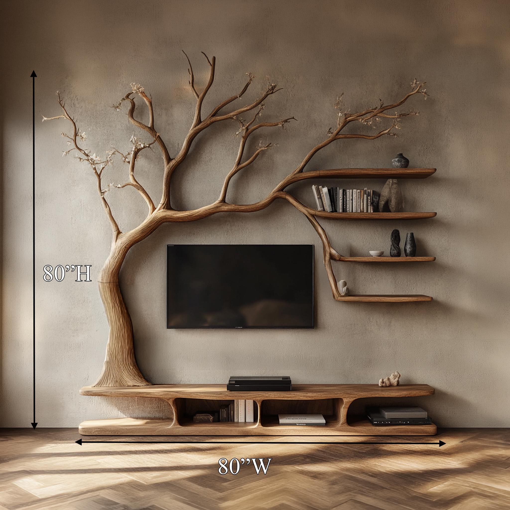 Tree Bookcase Wood Tv Unit Media Console Handmade Furniture Living Room Decor