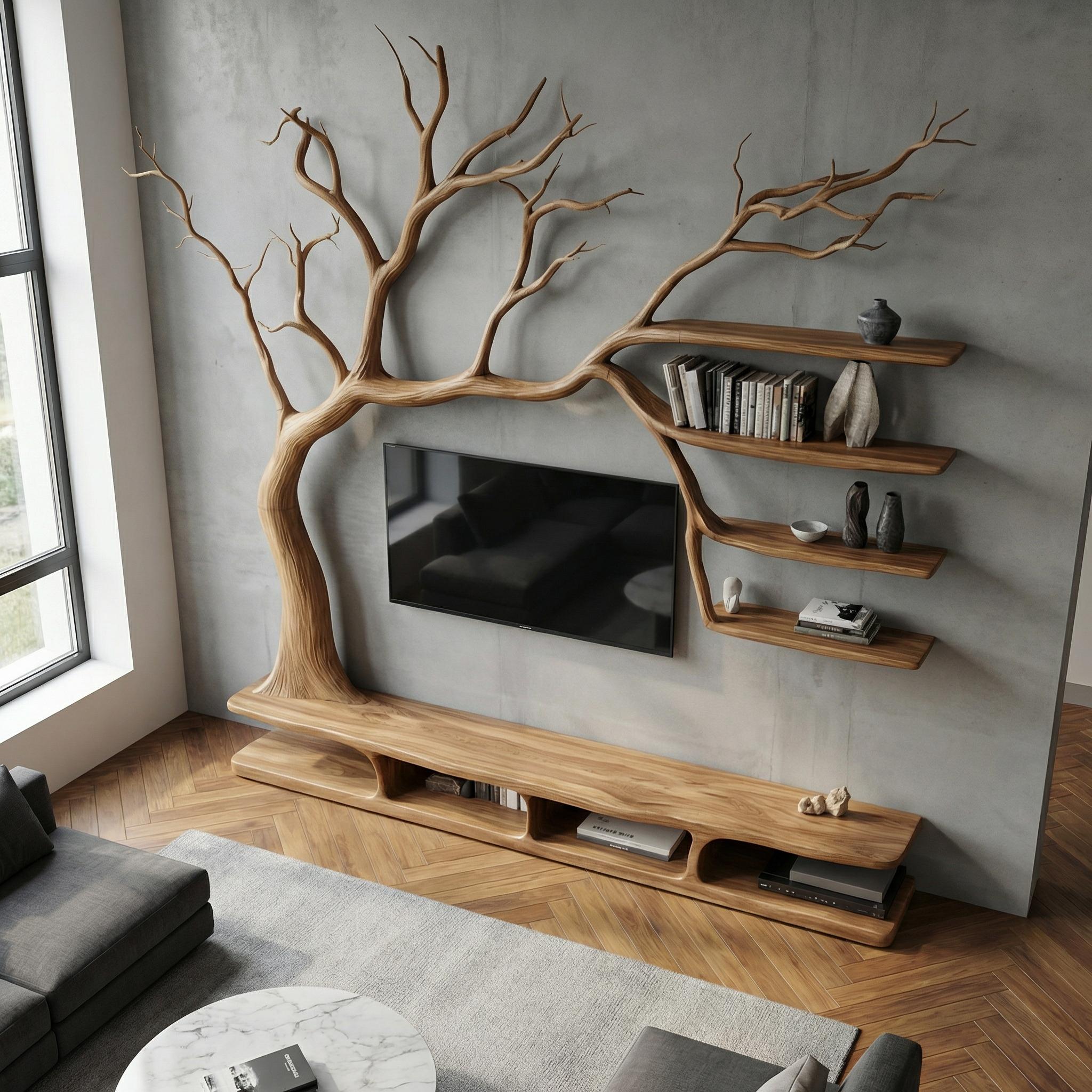 Tree Bookcase Wood Tv Unit Media Console Handmade Furniture Living Room Decor
