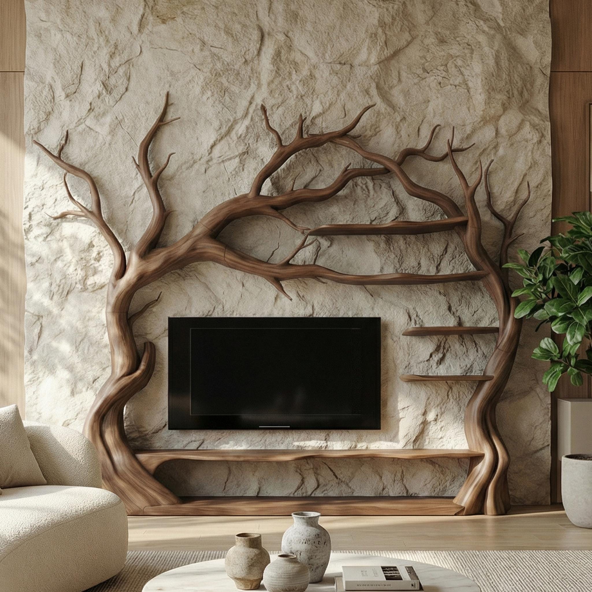 Modern Tv Cabinet Tree Bookshelf Wooden Tv Unit Wood Furniture Organic Modern Decor