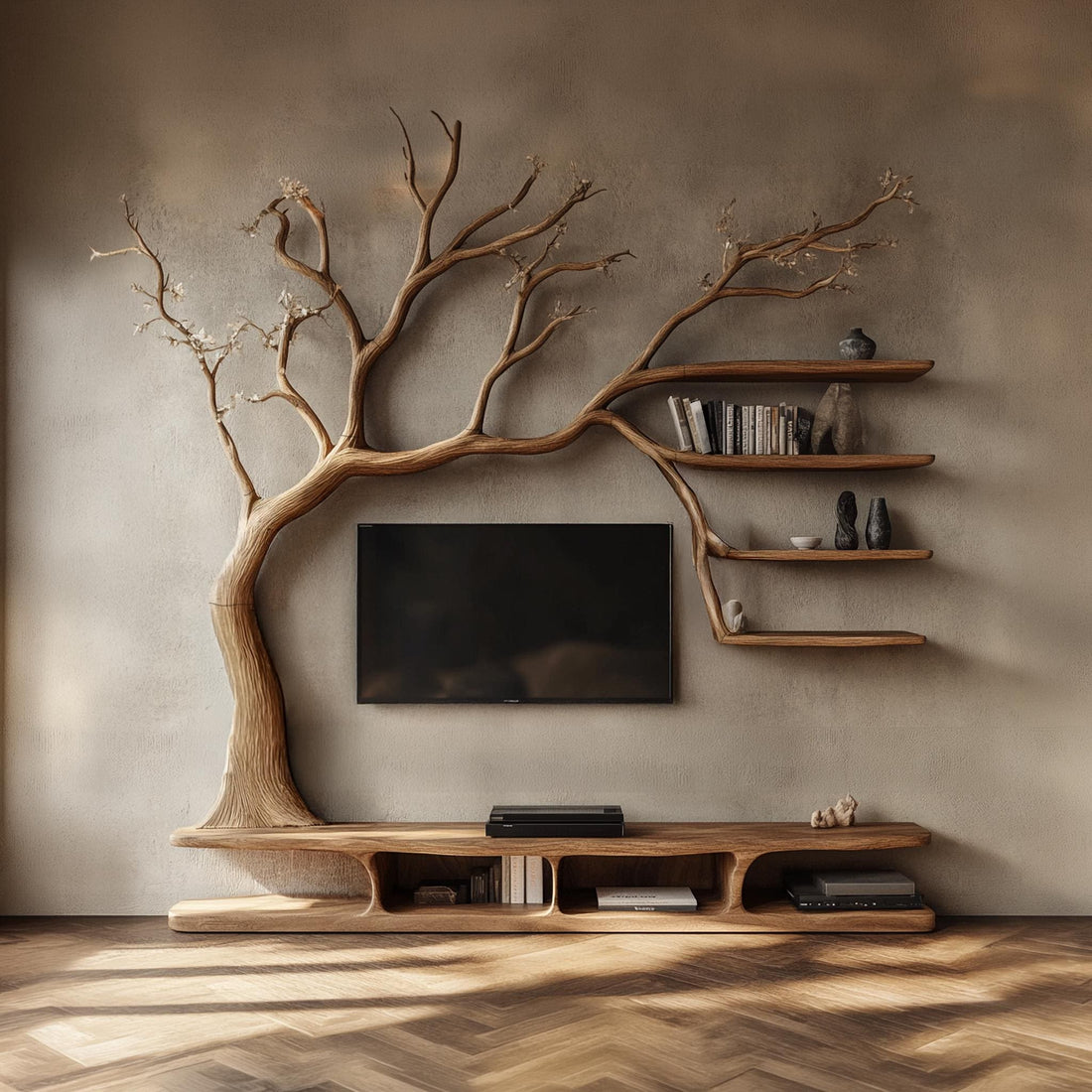 Tree Bookcase Wood Tv Unit Media Console Handmade Furniture Living Room Decor