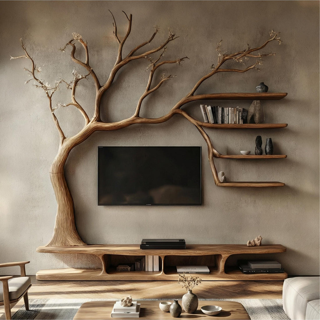 Tree Bookcase Wood Tv Unit Media Console Handmade Furniture Living Room Decor