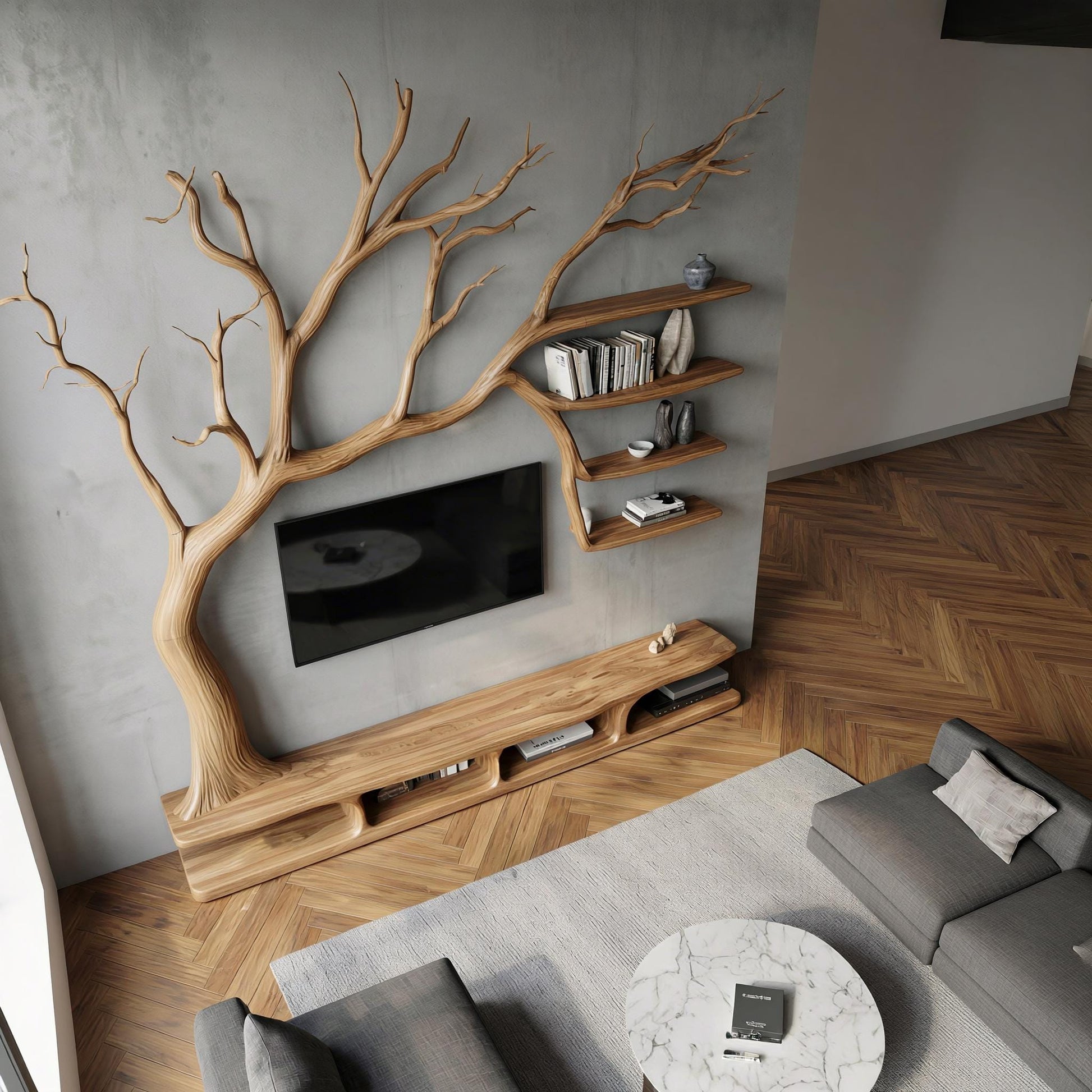 Tree Bookcase Wood Tv Unit Media Console Handmade Furniture Living Room Decor