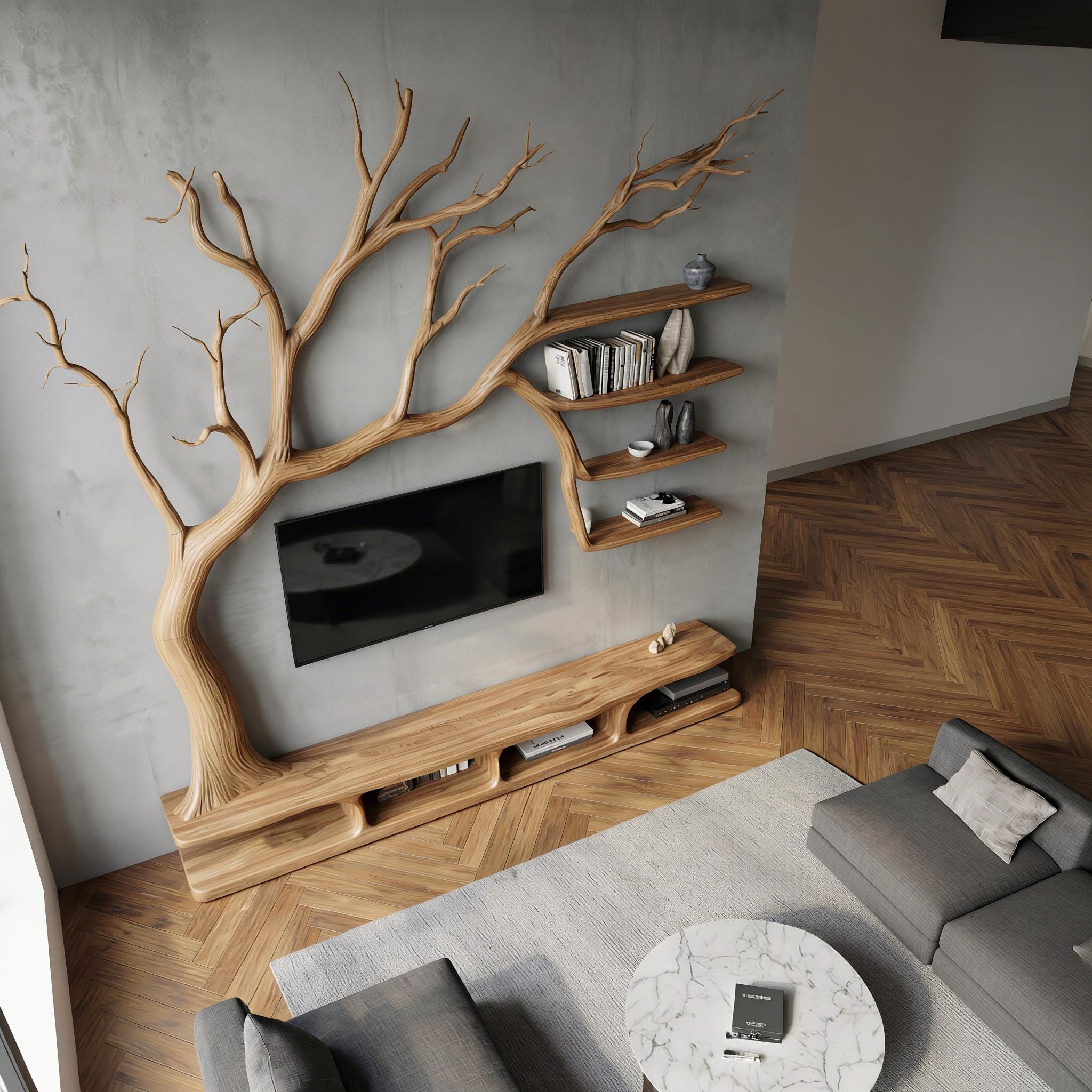 Tree Bookcase Wood Tv Unit Media Console Handmade Furniture Living Room Decor