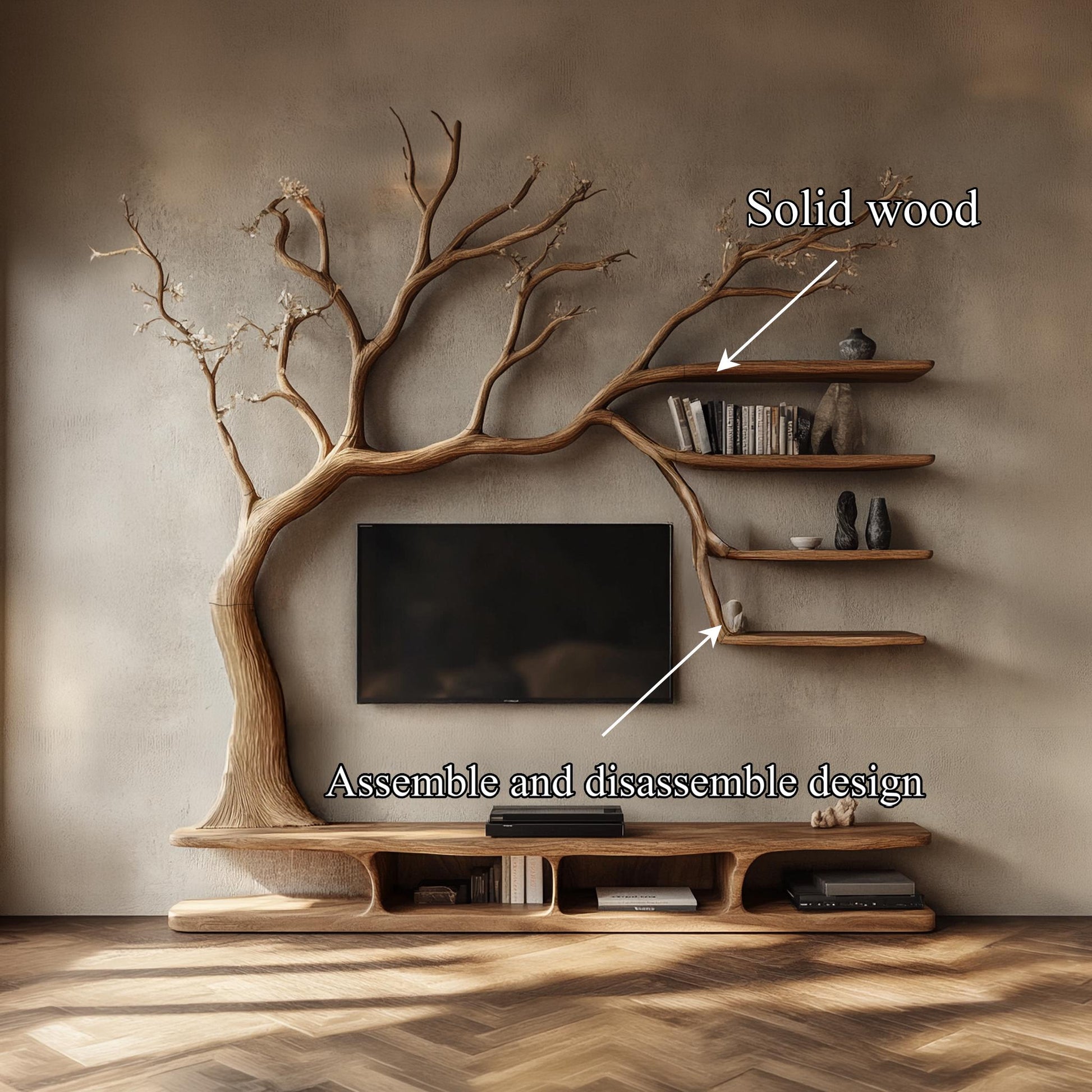 Tree Bookcase Wood Tv Unit Media Console Handmade Furniture Living Room Decor
