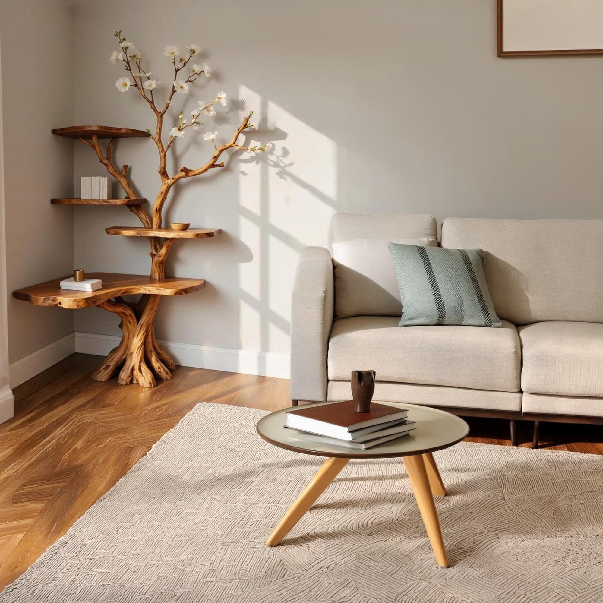 Corner tree branch book shelf floating bookshelf solid wood wall mounted shelves art sculpture root base decor