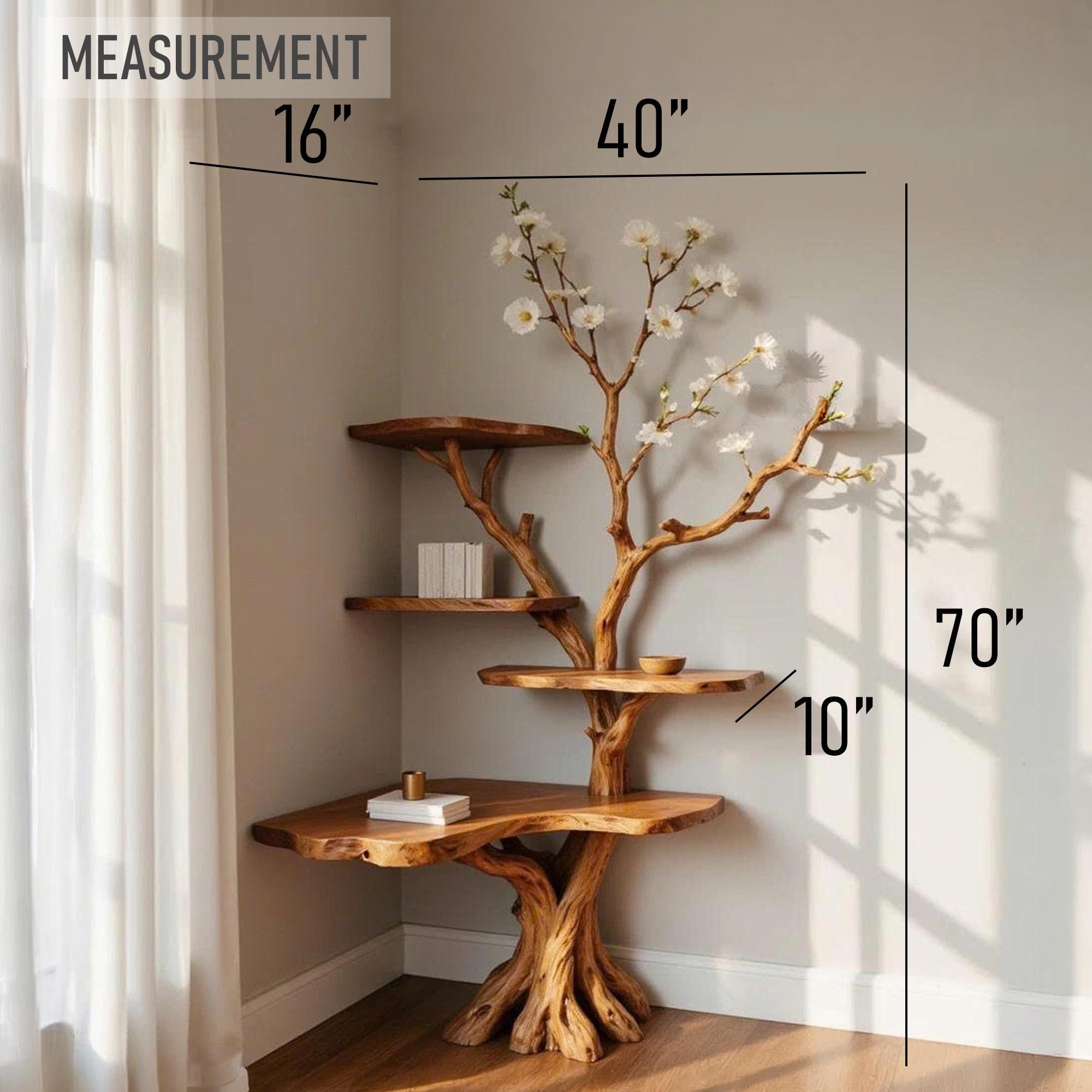 Corner tree branch book shelf floating bookshelf solid wood wall mounted shelves art sculpture root base decor