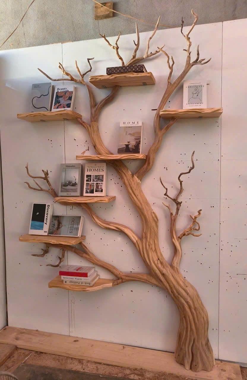 Natural Wood Tree Bookshelf, Wall Mount Corner Shelf