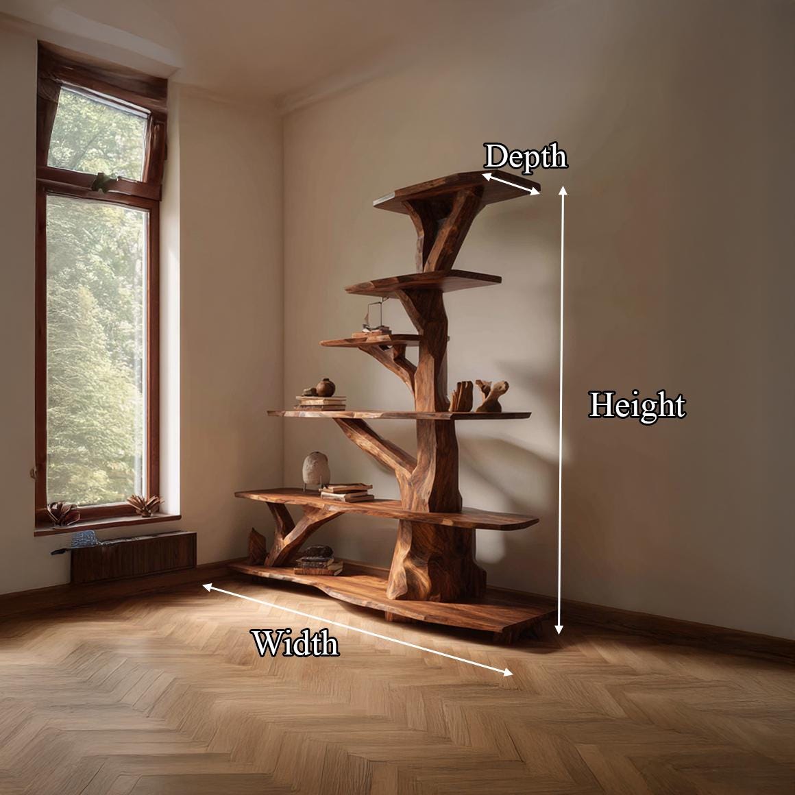 Tree Bookshelf Wood Plant Stand Rustic Tree Shelf Wooden Display Rack Handmade Furniture Home Decor