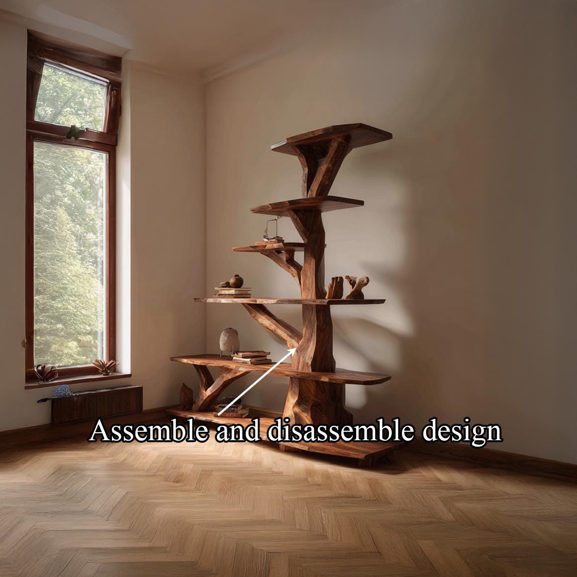 Tree Bookshelf Wood Plant Stand Rustic Tree Shelf Wooden Display Rack Handmade Furniture Home Decor