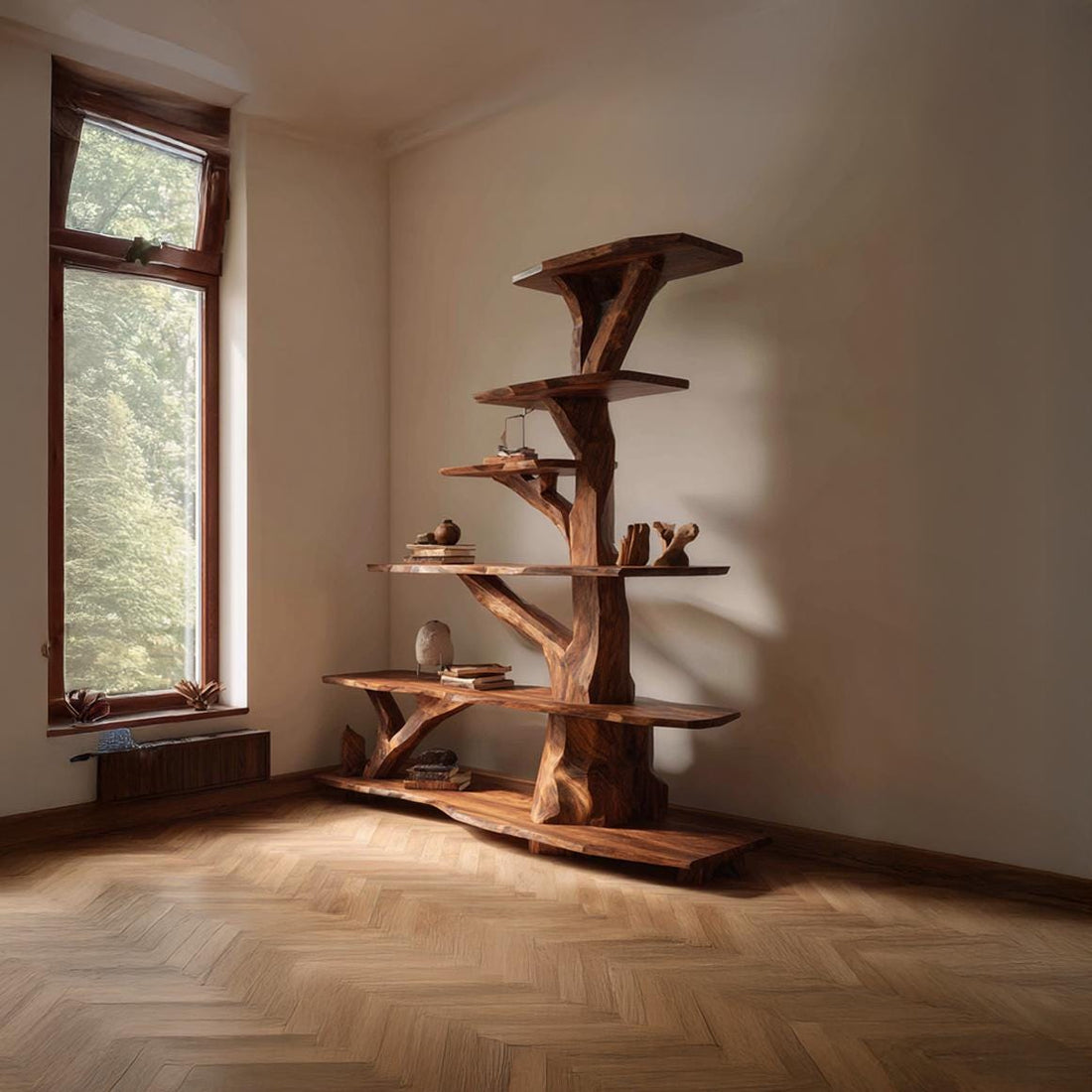 Tree Bookshelf Wood Plant Stand Rustic Tree Shelf Wooden Display Rack Handmade Furniture Home Decor