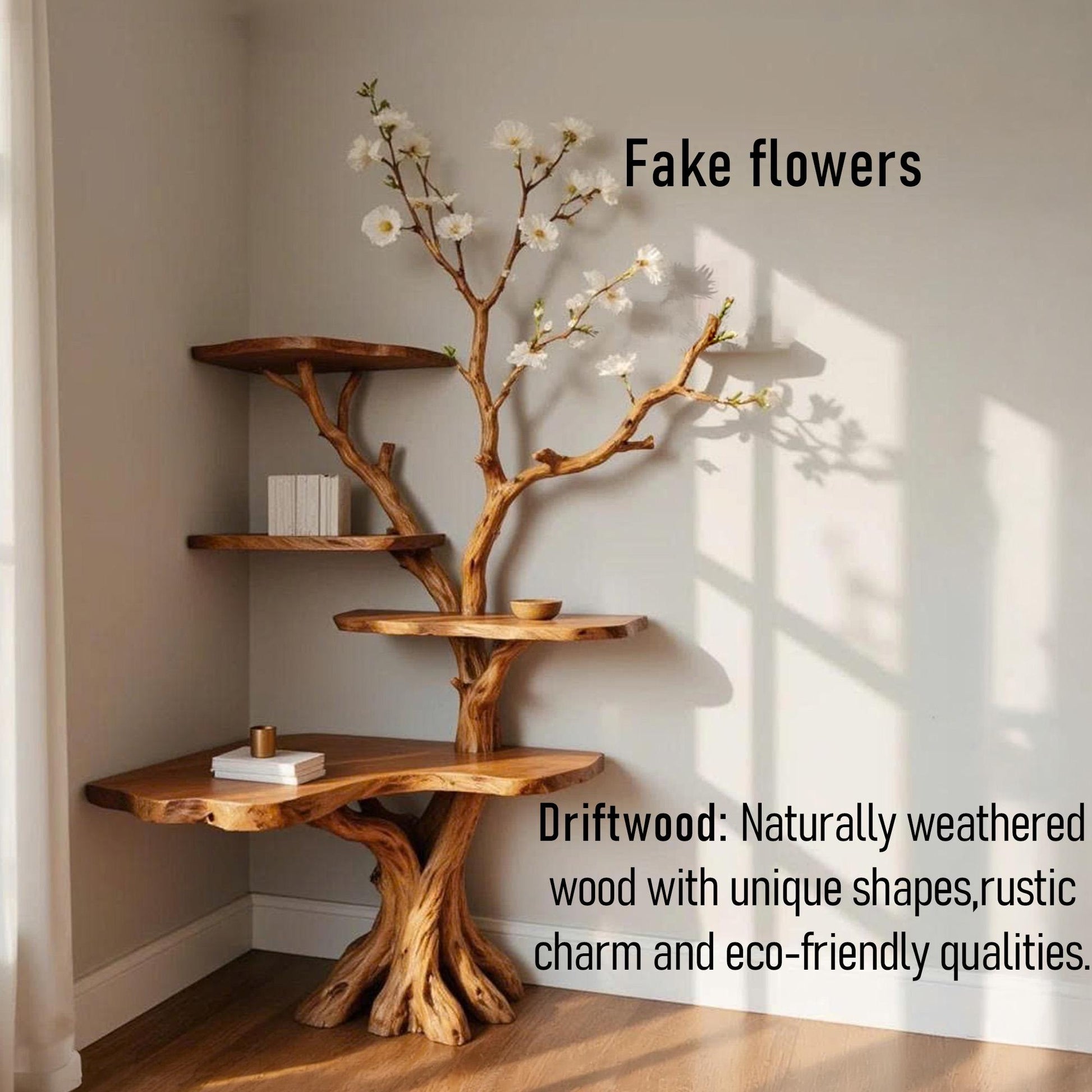 Corner tree branch book shelf floating bookshelf solid wood wall mounted shelves art sculpture root base decor
