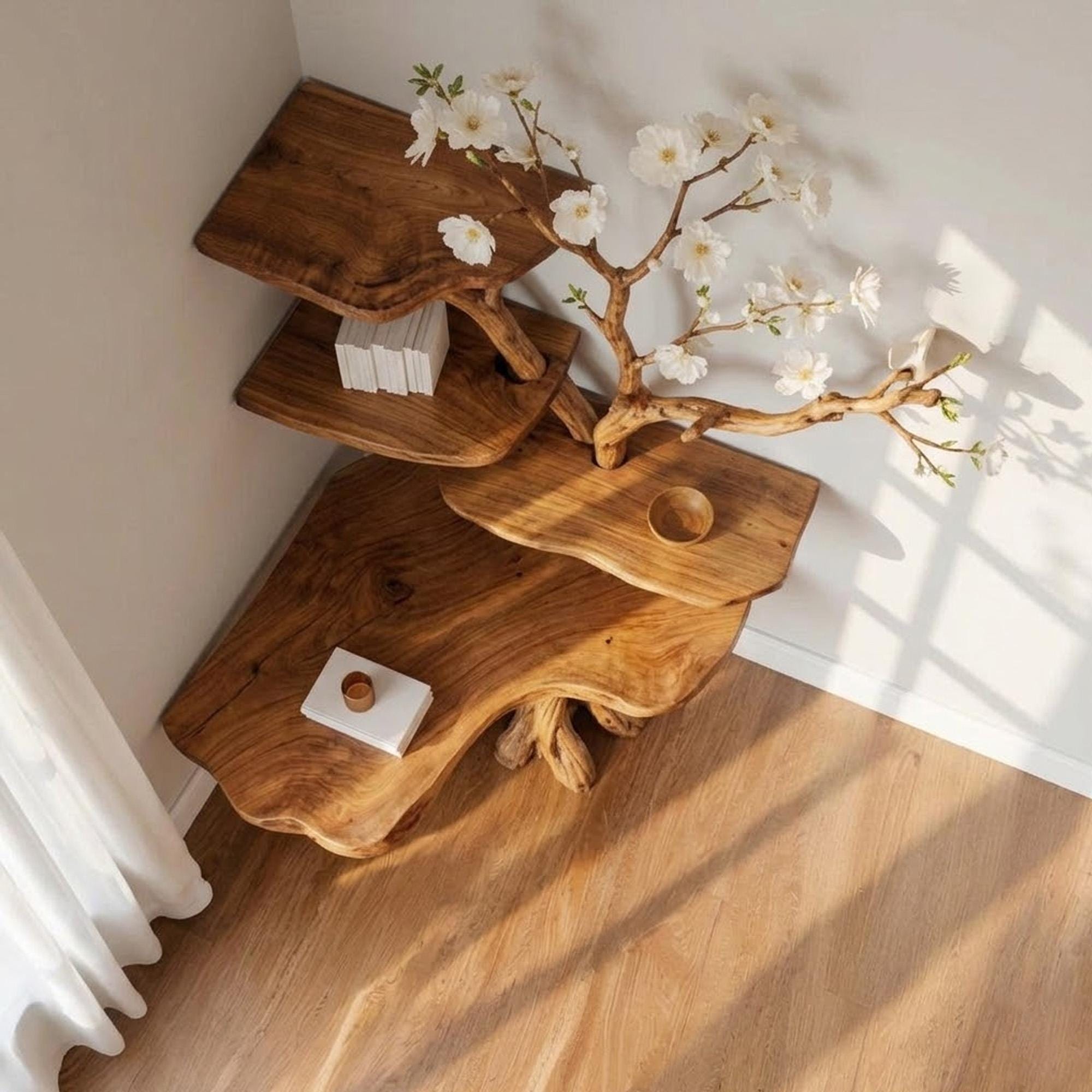 Corner tree branch book shelf floating bookshelf solid wood wall mounted shelves art sculpture root base decor
