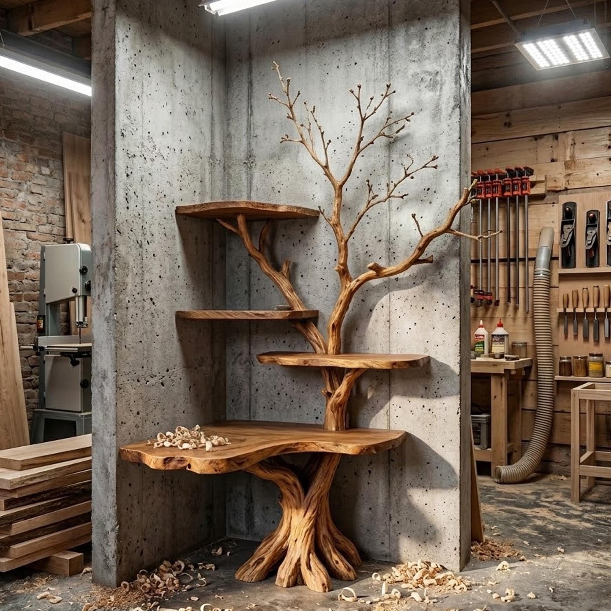 Corner tree branch book shelf floating bookshelf solid wood wall mounted shelves art sculpture root base decor