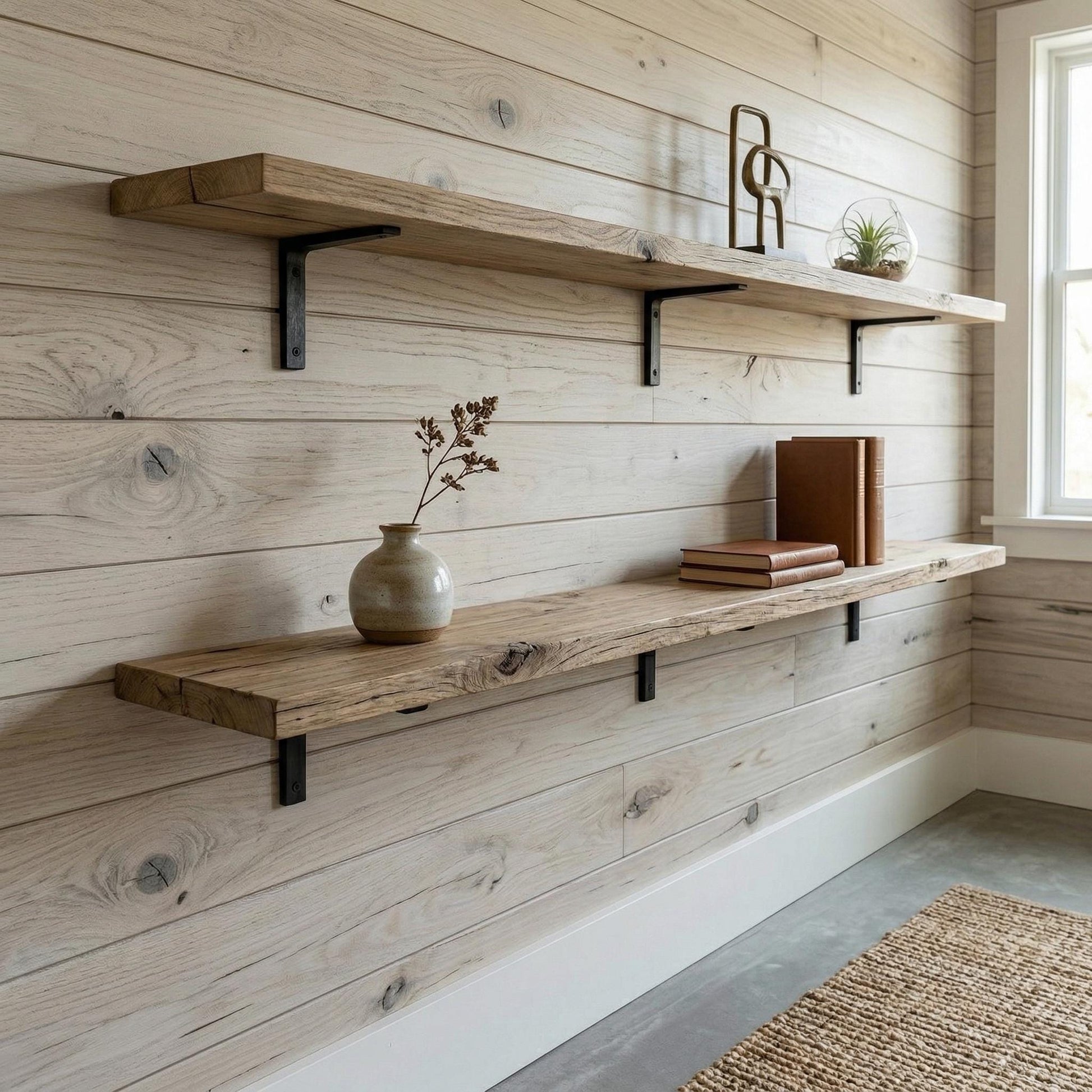 Rustic-Style Solid Wood Shelf with Iron Brackets | Handmade | 20cm Depth x 3.2cm Thickness