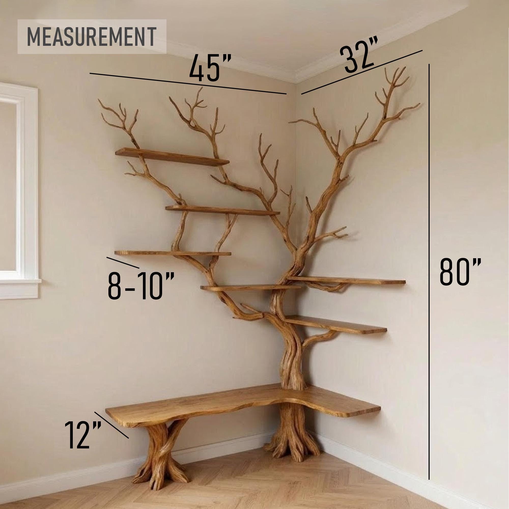 Corner tree branch bookshelf solid wood wall mounted bookcase floating shelves art driftwood sculpture