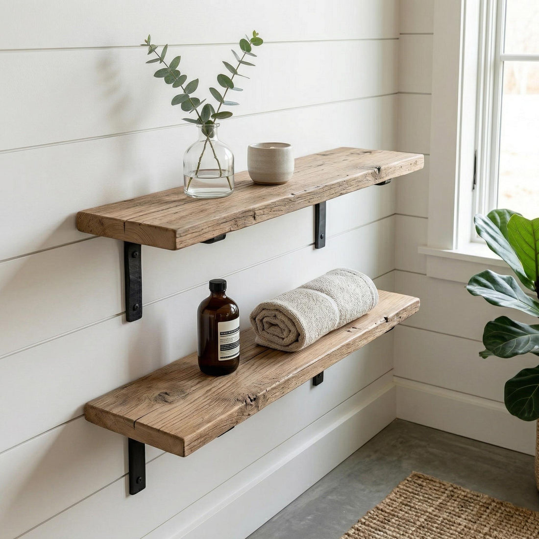 Rustic-Style Solid Wood Shelf with Iron Brackets | Handmade | 20cm Depth x 3.2cm Thickness