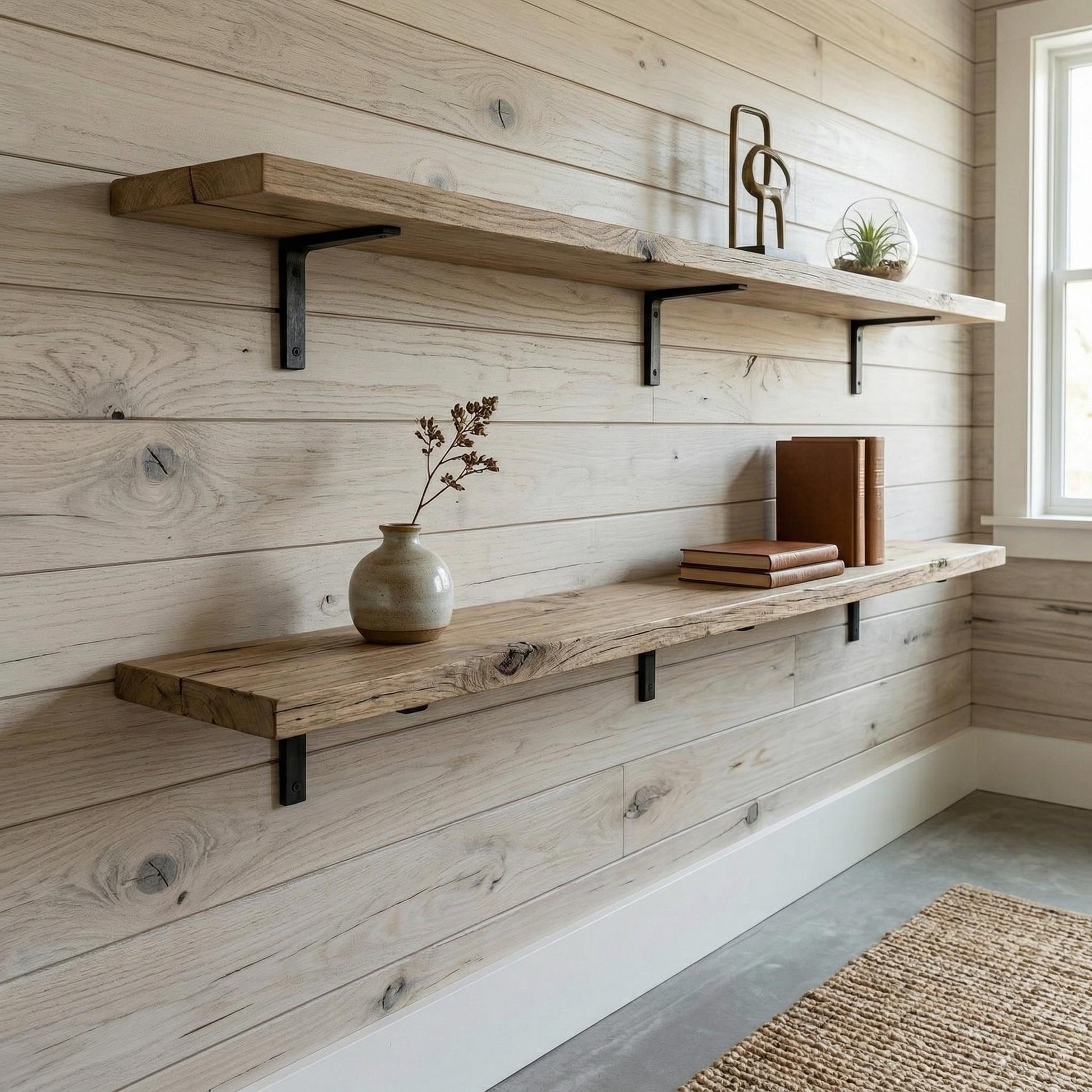 Rustic-Style Solid Wood Shelf with Iron Brackets | Handmade | 20cm Depth x 3.2cm Thickness