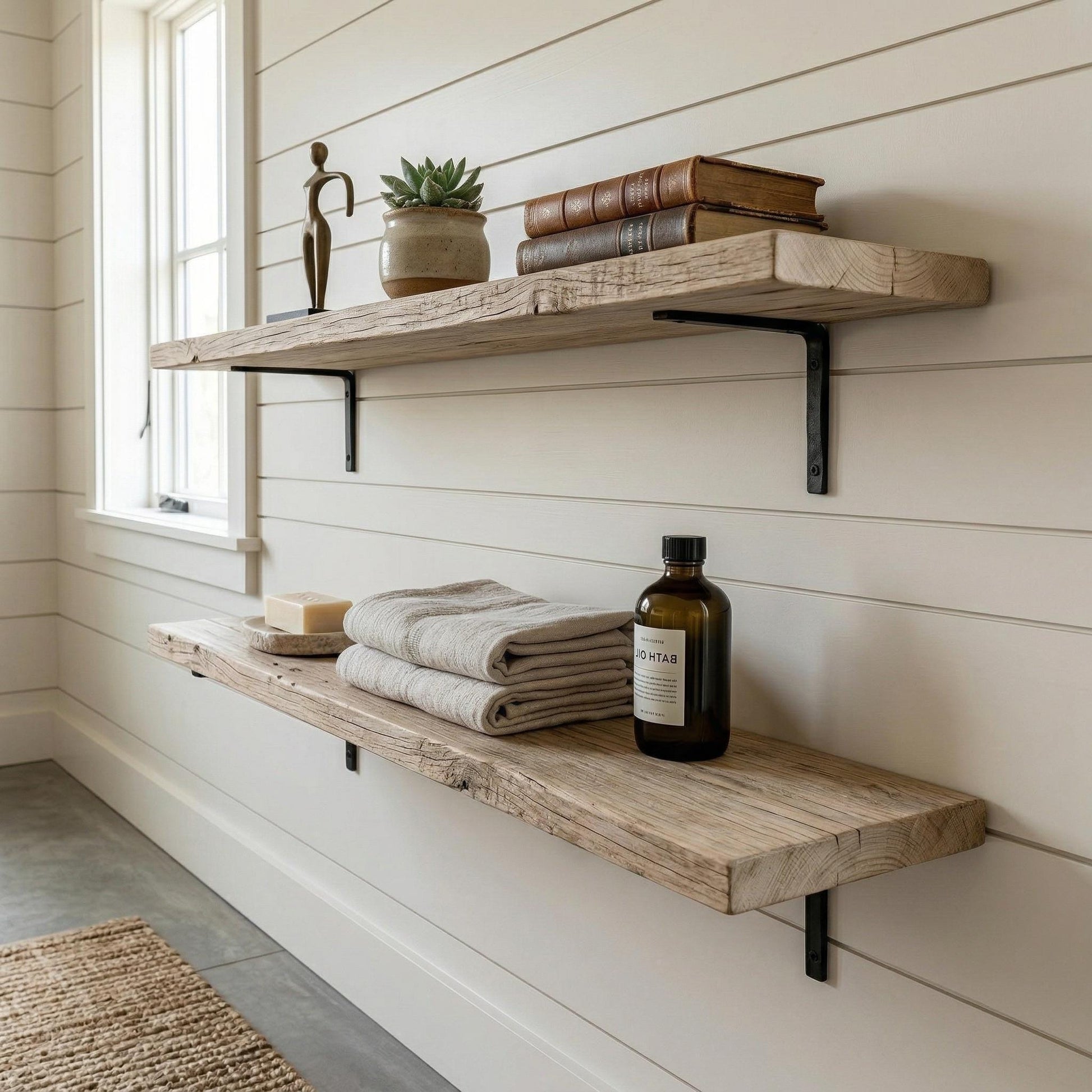 Rustic-Style Solid Wood Shelf with Iron Brackets | Handmade | 20cm Depth x 3.2cm Thickness