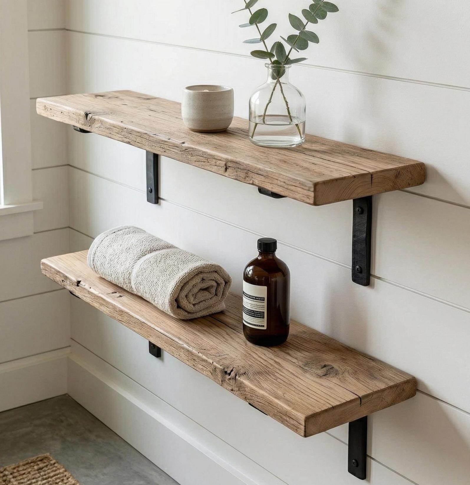 Rustic-Style Solid Wood Shelf with Iron Brackets | Handmade | 20cm Depth x 3.2cm Thickness