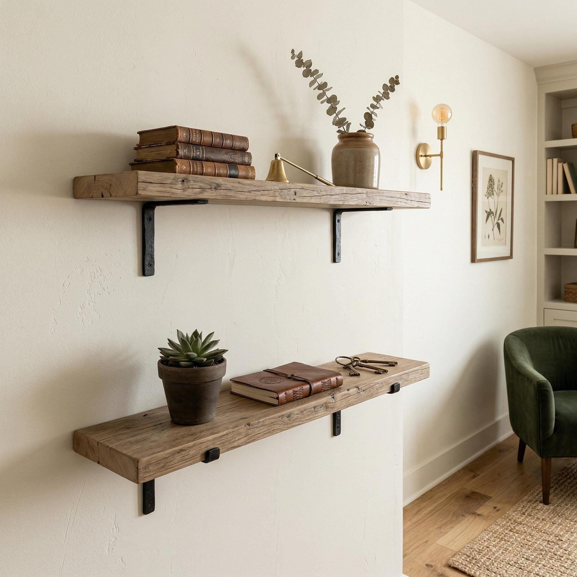 Rustic-Style Solid Wood Shelf with Iron Brackets | Handmade | 20cm Depth x 3.2cm Thickness