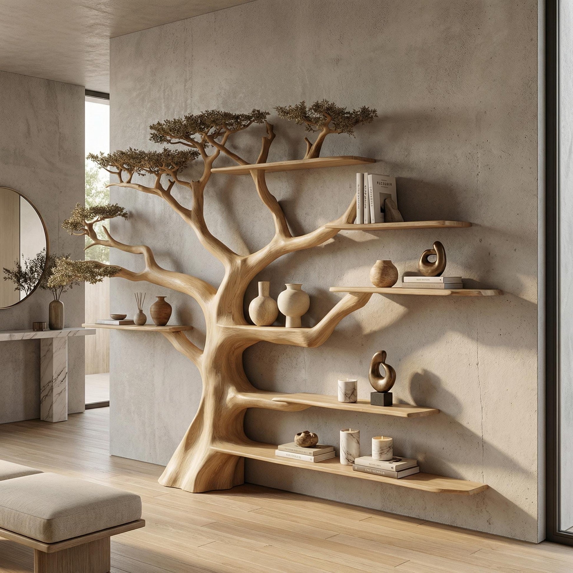 Tree Bookshelf Rustic Wooden Book Tree Shelf Unique Wall-Mounted Bookcase Natural Wood Furniture, Home Office Decor Gift
