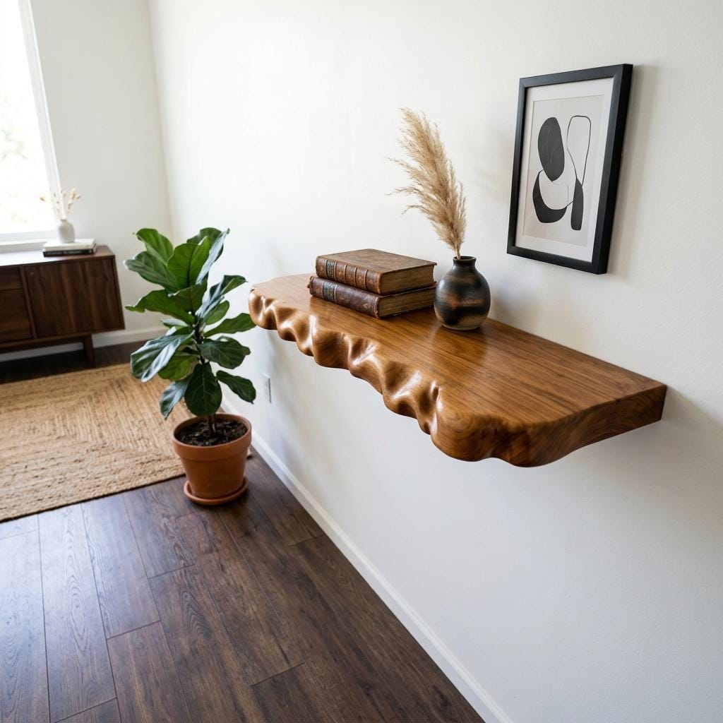Rustic floating wood shelf handcrafted live edge wall mount bookshelf entryway display shelves