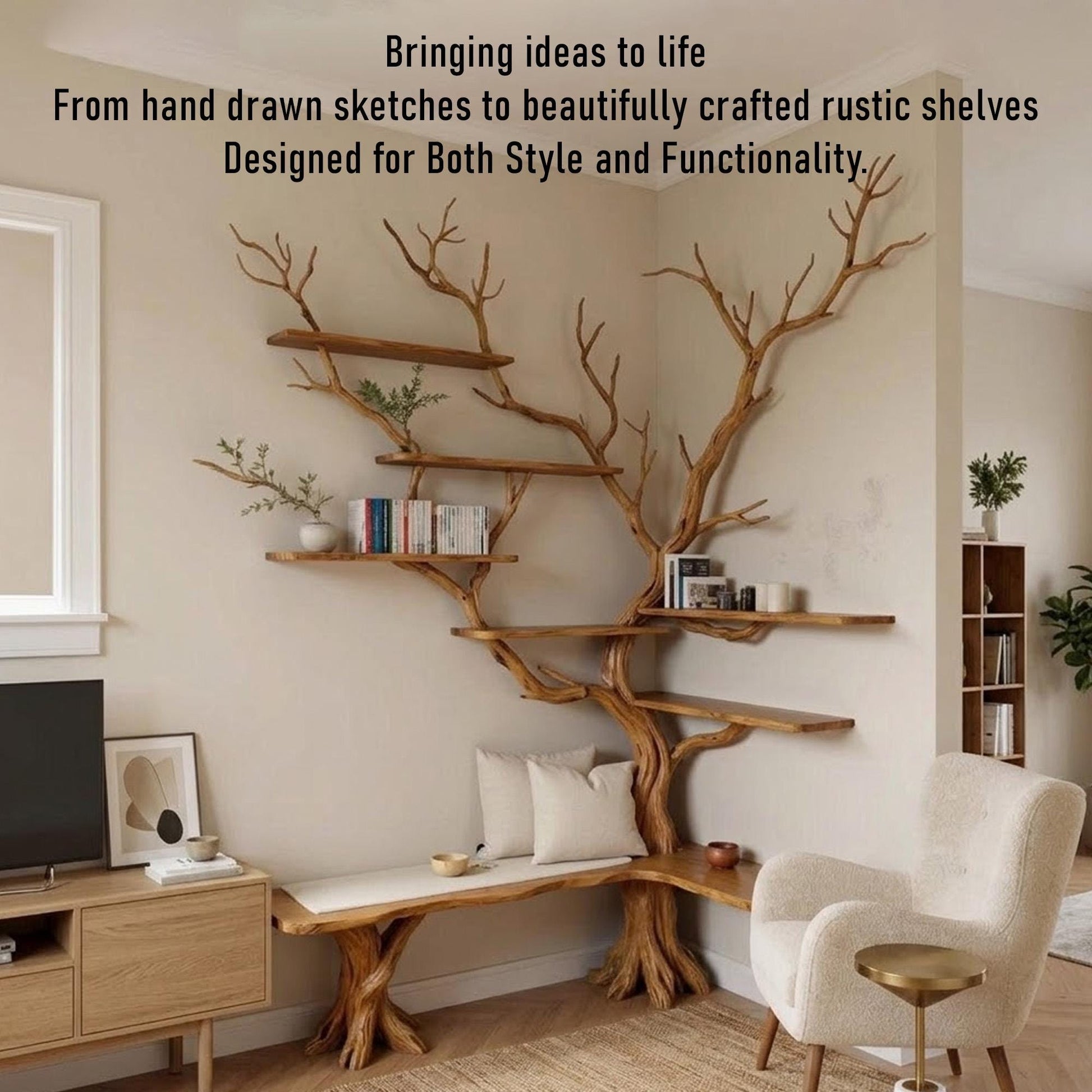 Corner tree branch bookshelf solid wood wall mounted bookcase floating shelves art driftwood sculpture