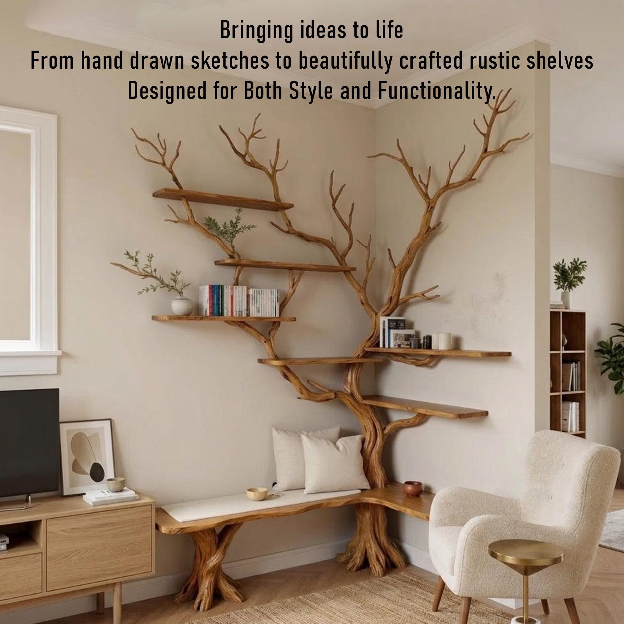 Corner tree branch bookshelf solid wood wall mounted bookcase floating shelves art driftwood sculpture